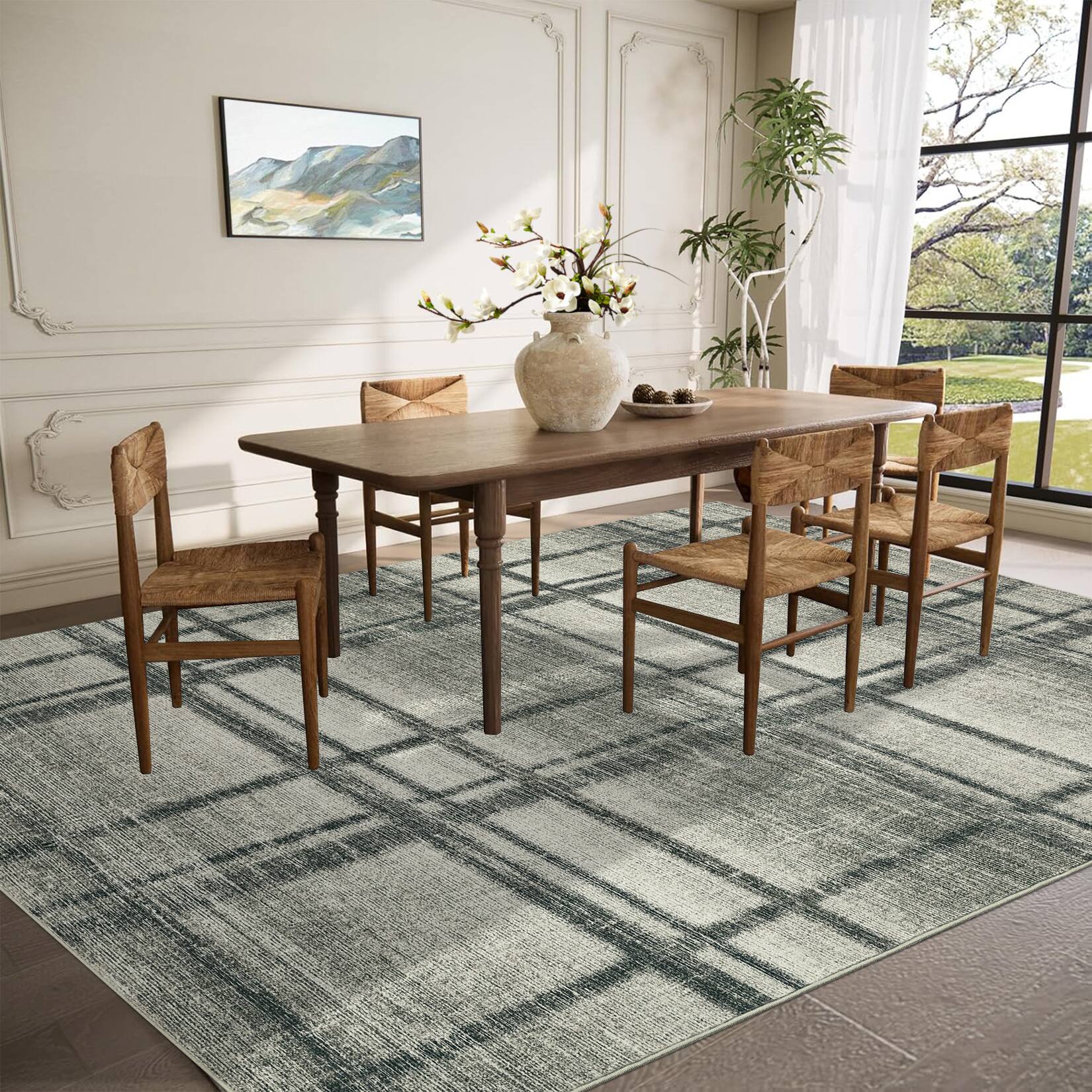 Left. GARVEE - GARVEE Modern Geometric Plaid Area Rug Machine Washable Non Slip Low Pile Area Rug for Living Room Bedroom - Green.