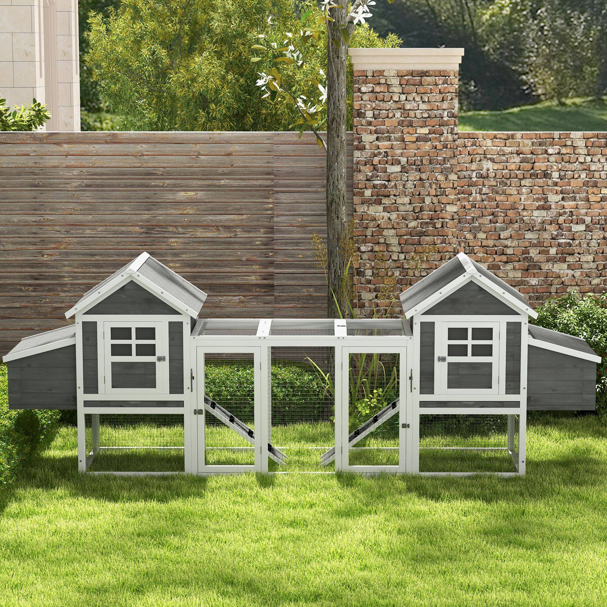 Alt View 5. Pawhut - 123" x 27.5" x 42.5" Dual Wooden Outdoor Chicken Coop, Hen House with Garden Bed, Nesting Boxes, Trays, Ramps Run.