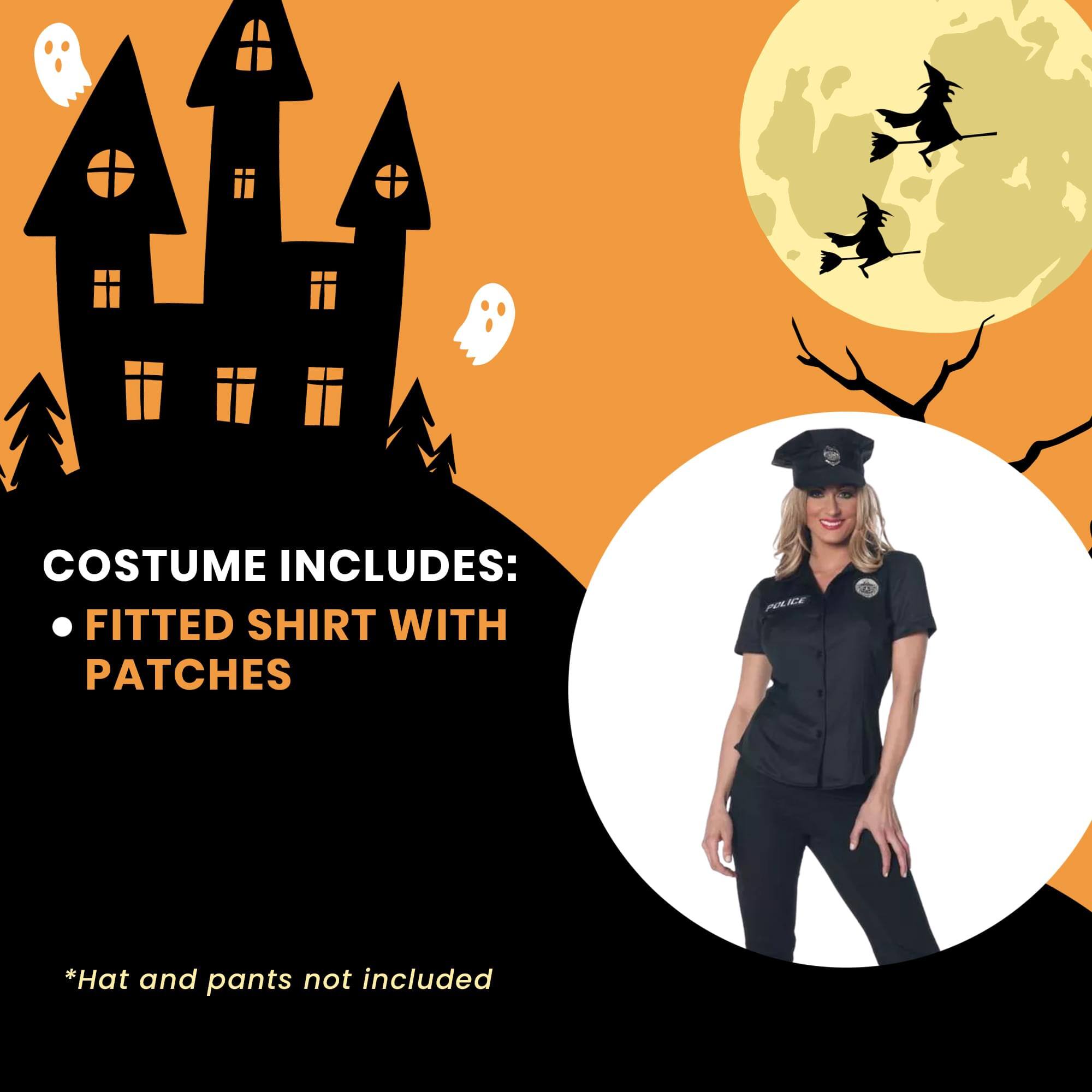 COSTUME INCLUDES:  
- FITTED SHIRT WITH PATCHES  
*Hat and pants not included
