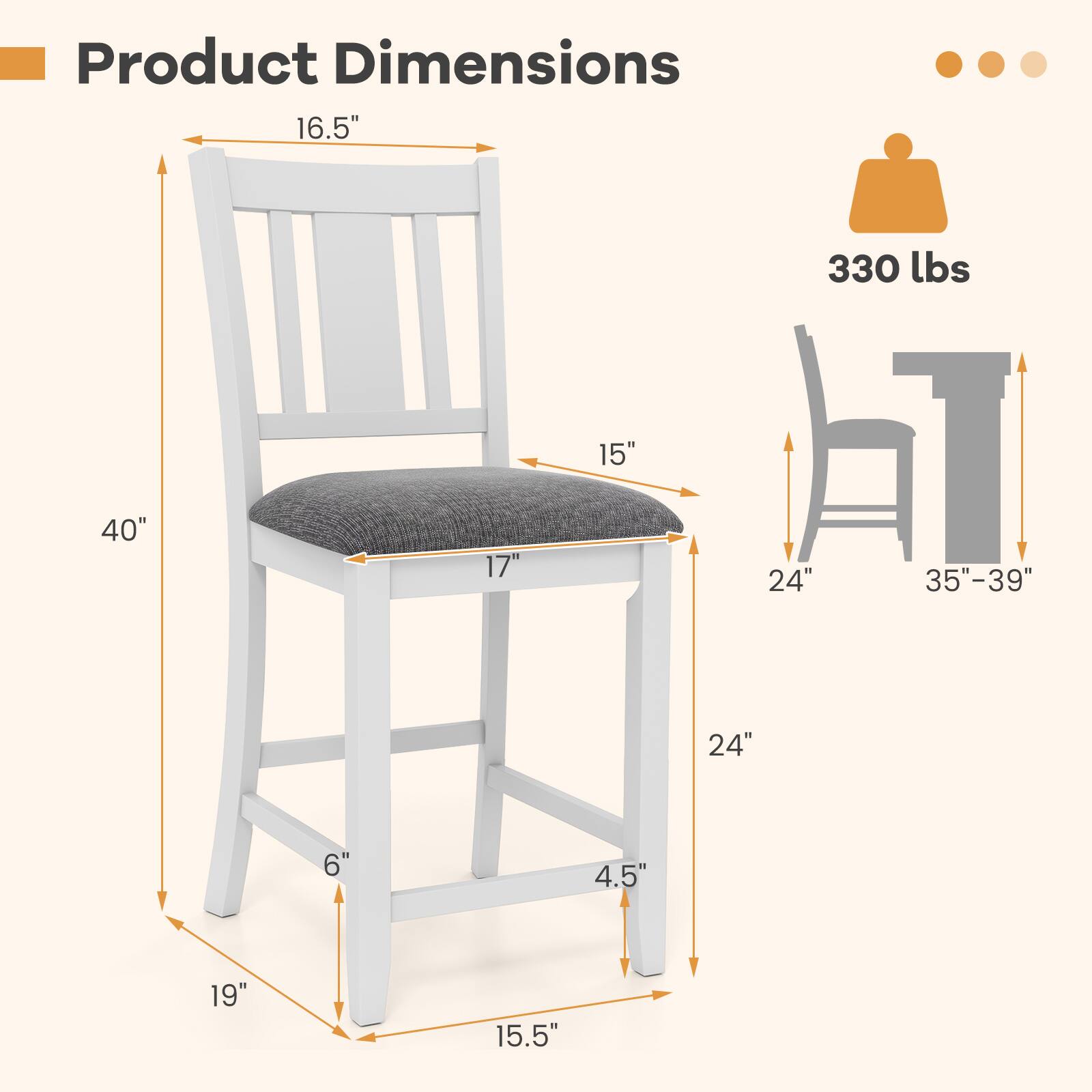 Product Dimensions: 16.5" x 40" x 17" (H) x 15" x 330 lbs, Seat Height: 24", Overall Height: 35"-39", Width: 24", Depth: 6", Armrest Height: 4.5", Seat Depth: 19", Base Width: 15.5"