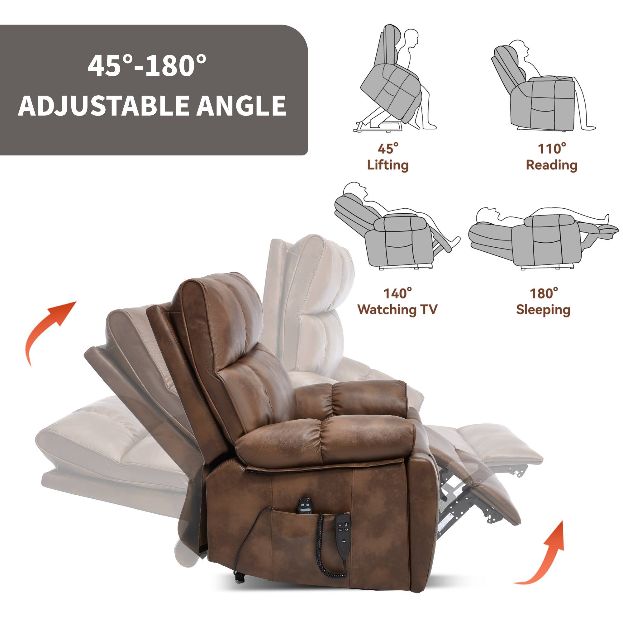 45°-180° Adjustable Angle

45° Lifting  
110° Reading  
140° Watching TV  
180° Sleeping
