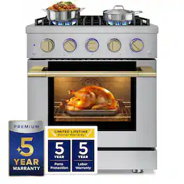 Hauslane - HausPro 30 in. 4 Burners (20,000 BTU) Freestanding Dual Fuel Range - Satin Brass
