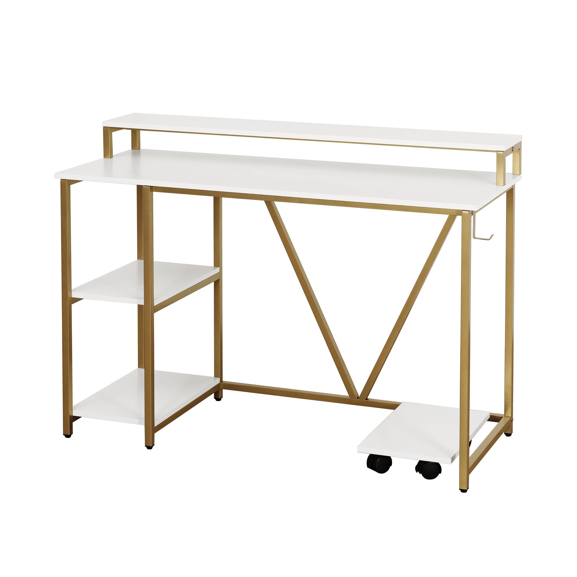 Alt View 2. GOODSILO - Industrial Style Writing Desk with Open Shelves and Mobile CPU Caddy - Gold.