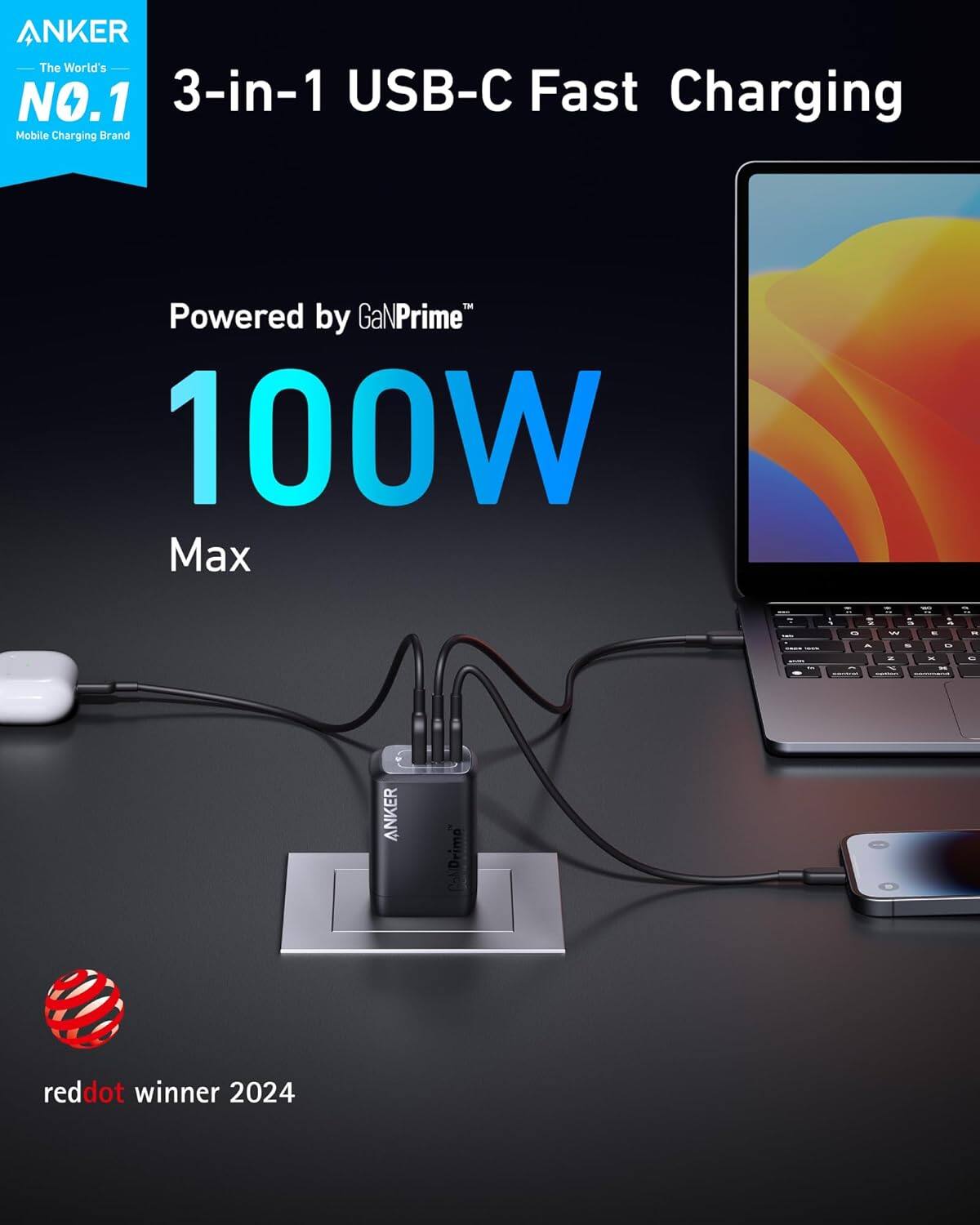 ANKER The World's NO.1 3-in-1 USB-C Fast Charging Mobile Charging Brand Powered by GaNPrime 100W Max ANKER Drimo reddot winner 2024