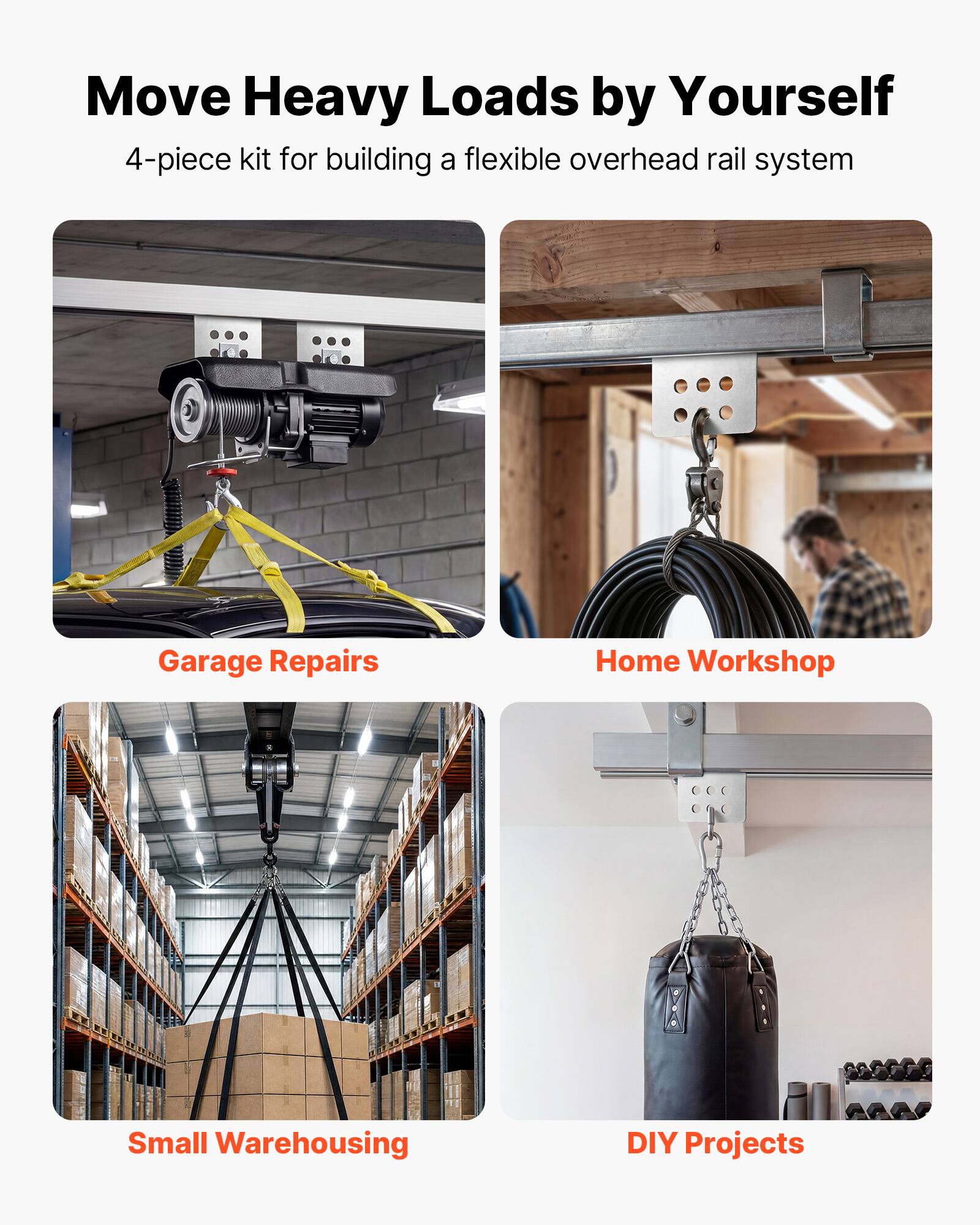 Move Heavy Loads by Yourself  
4-piece kit for building a flexible overhead rail system  

Garage Repairs  
Home Workshop  
Small Warehousing  
DIY Projects