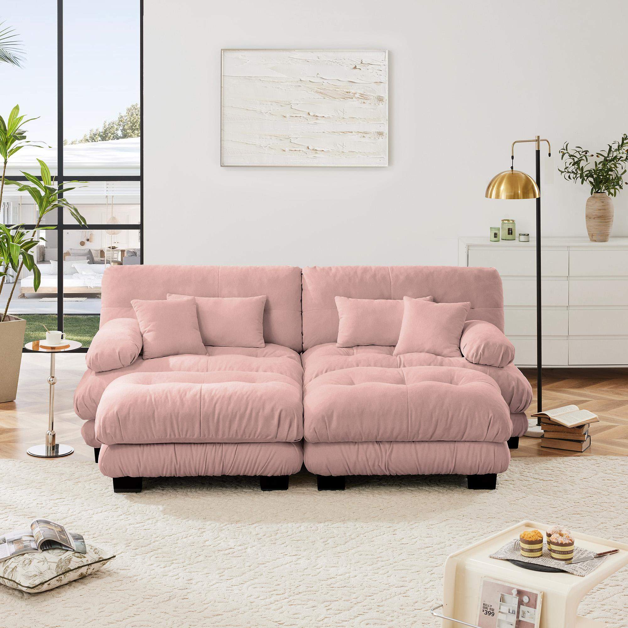Front. LOVMOR - Cloud Couch Sleeper Sofa for Living Room Chenille 2 Seater sofa with 2 Lumbar pillows and 2 throw pillows Upholstered - Pink.