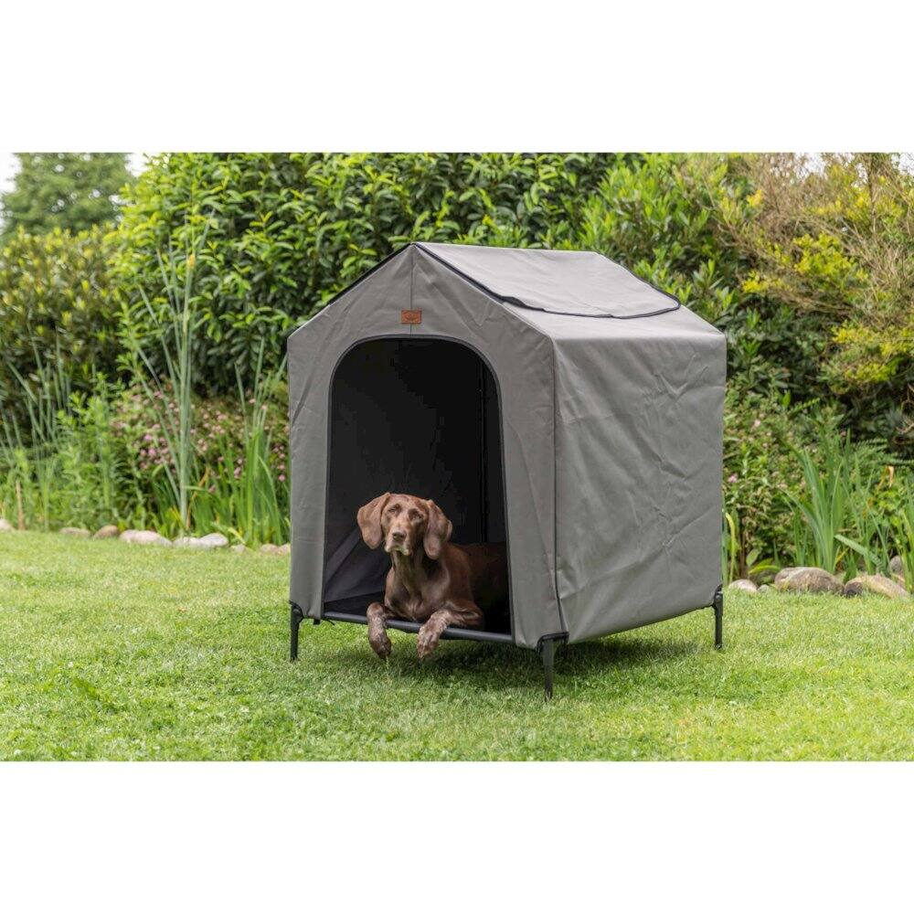 Angle. TRIXIE - 2-in-1 Elevated Portable Dog House or Dog Cot & Tent - Gray.