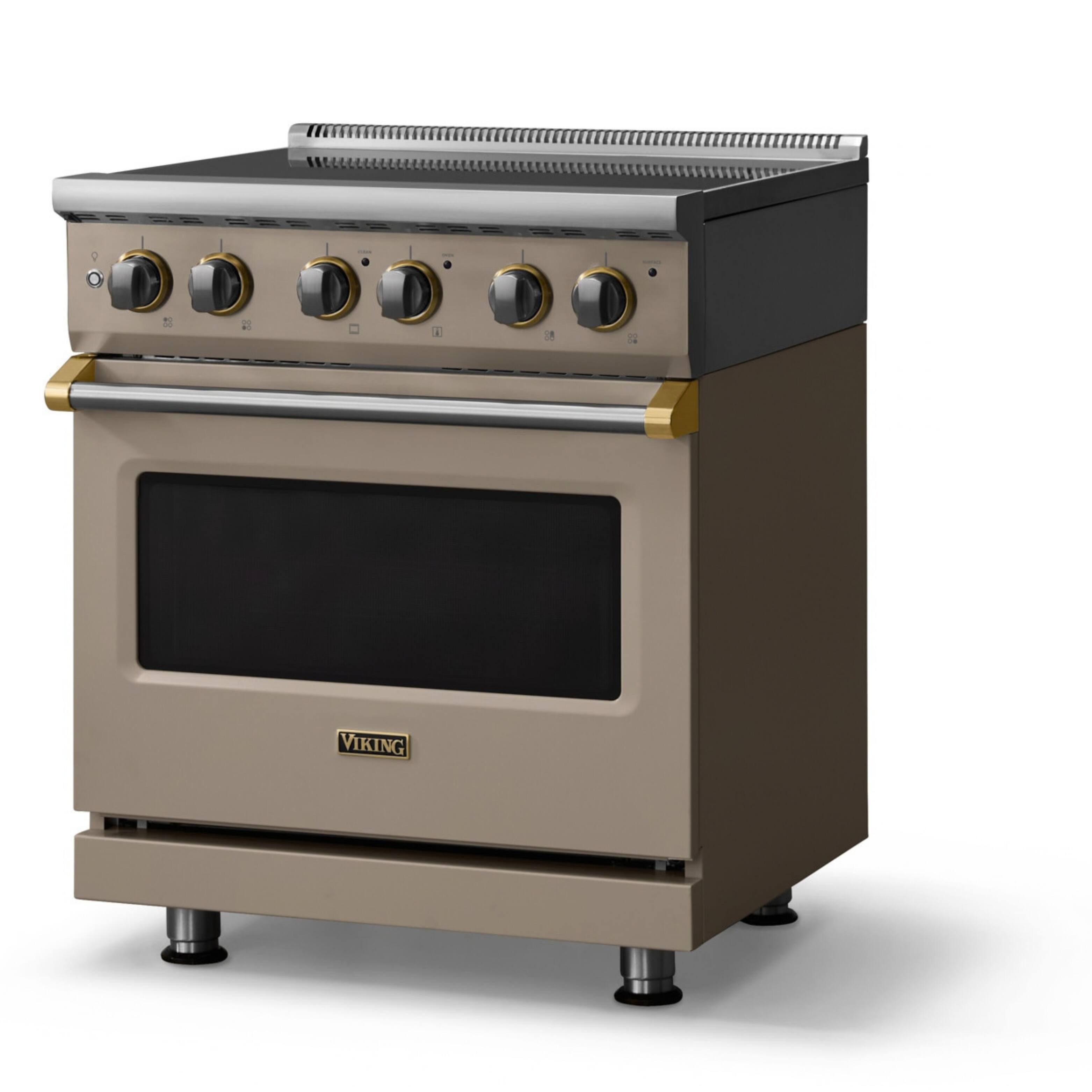 Angle. Viking - 30"W. Pro5S 4.7 Cu. Ft. Freestanding 4 Element  Electric Convection Range - Nantucket/Brushed Brass - Nantucket.