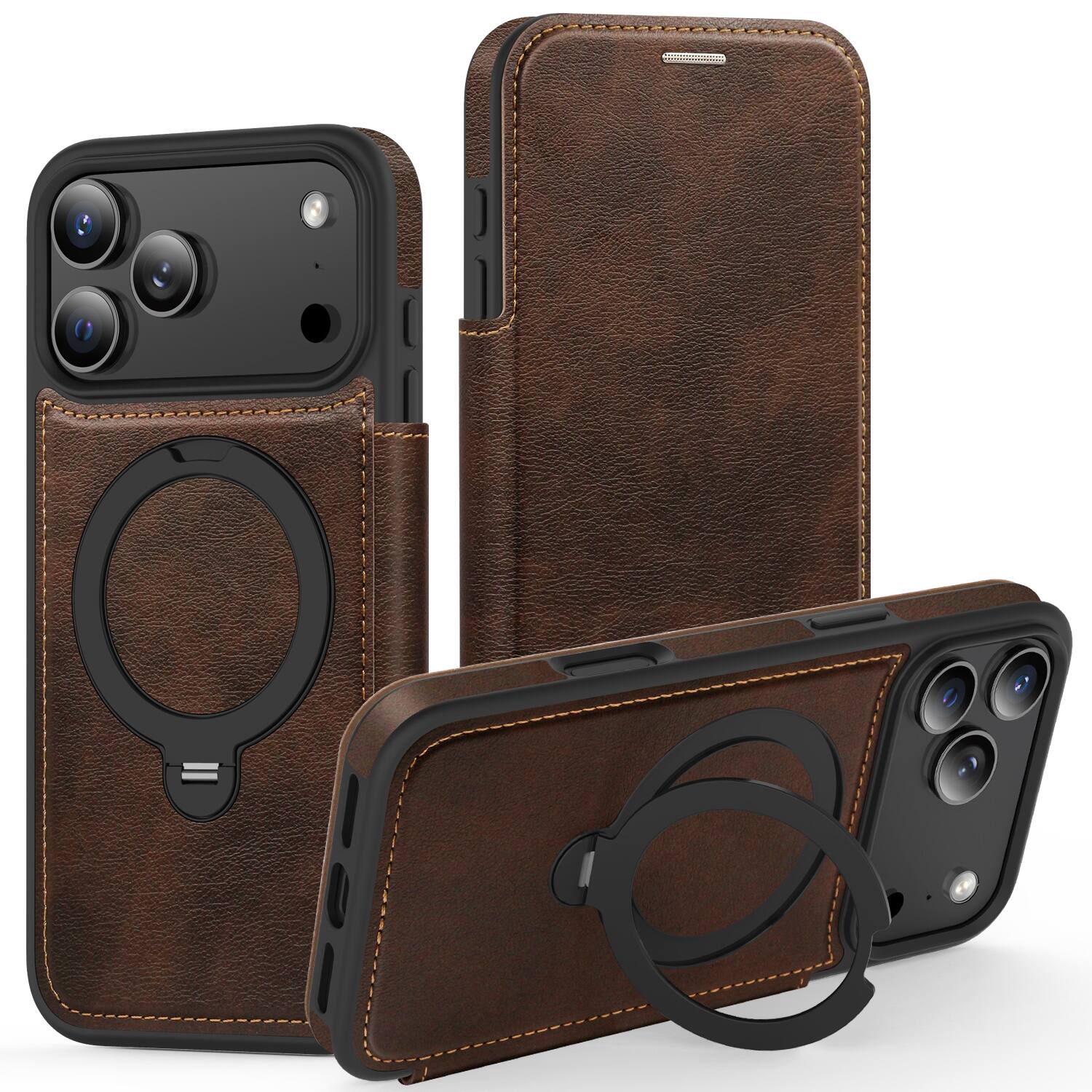 Alt View 3. Dteck - For Apple iPhone 17 Pro Max Shockproof Leather RFID Blocking Card Slots Full Protection Mag Safe Case RIng Kickstand - Coffee.