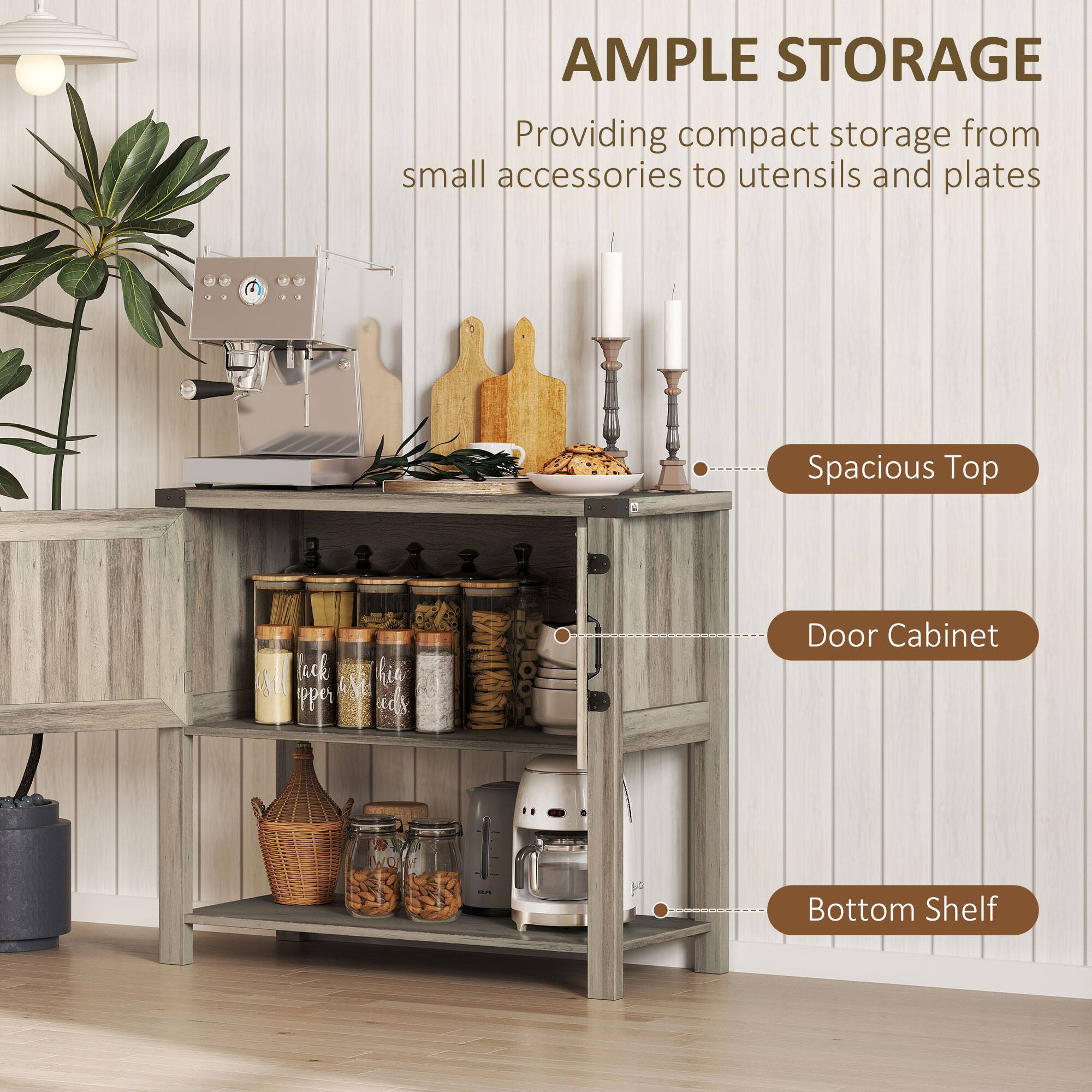 AMPLE STORAGE Providing compact storage from small accessories to utensils and plates Spacious Top Door Cabinet Bottom Shelf