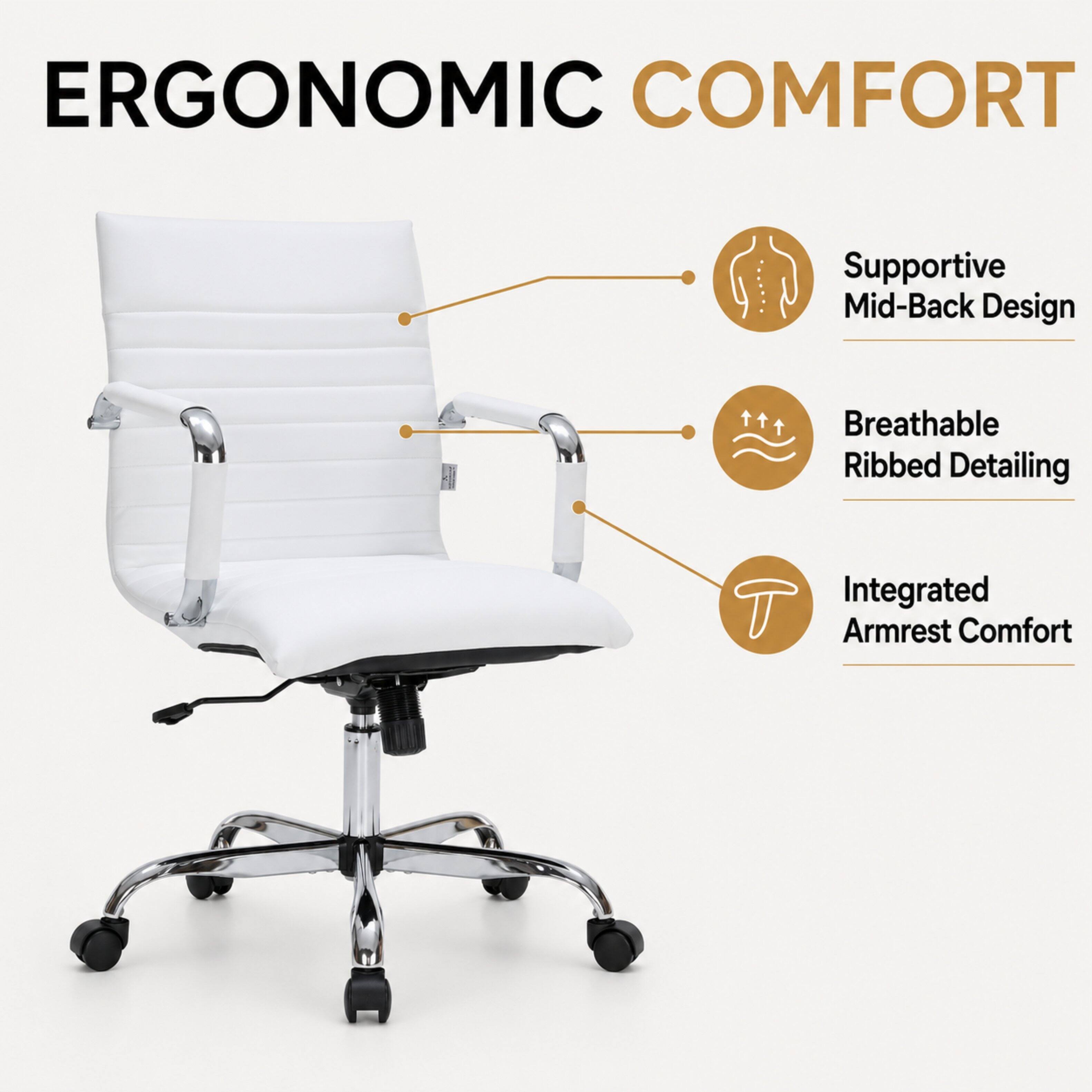 ERGONOMIC COMFORT

- Supportive Mid-Back Design
- Breathable Ribbed Detailing
- Integrated Armrest Comfort