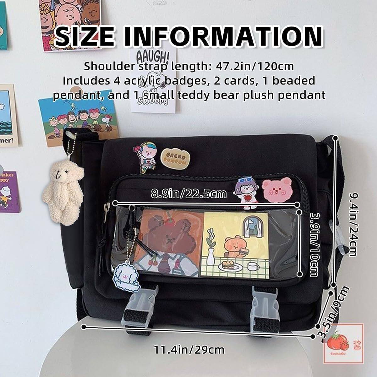 **SIZE INFORMATION**

- Shoulder strap length: 47.2in/120cm
- Includes 4 acrylic badges, 2 cards, 1 beaded pendant, and 1 small teddy bear plush pendant

**Dimensions:**
- 11.4in/29cm
- 8.9in/22.5cm
- 9.4in/24cm
- 3.9in/10cm
- 3.5in/9cm