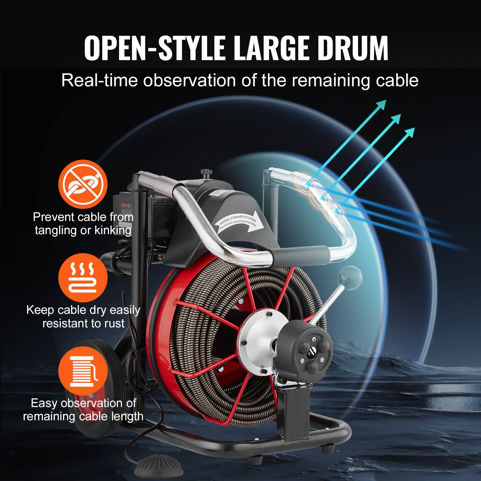 OPEN-STYLE LARGE DRUM
Real-time observation of the remaining cable
Prevent cable from tangling or kinking
Keep cable dry easily resistant to rust
Easy observation of remaining cable length