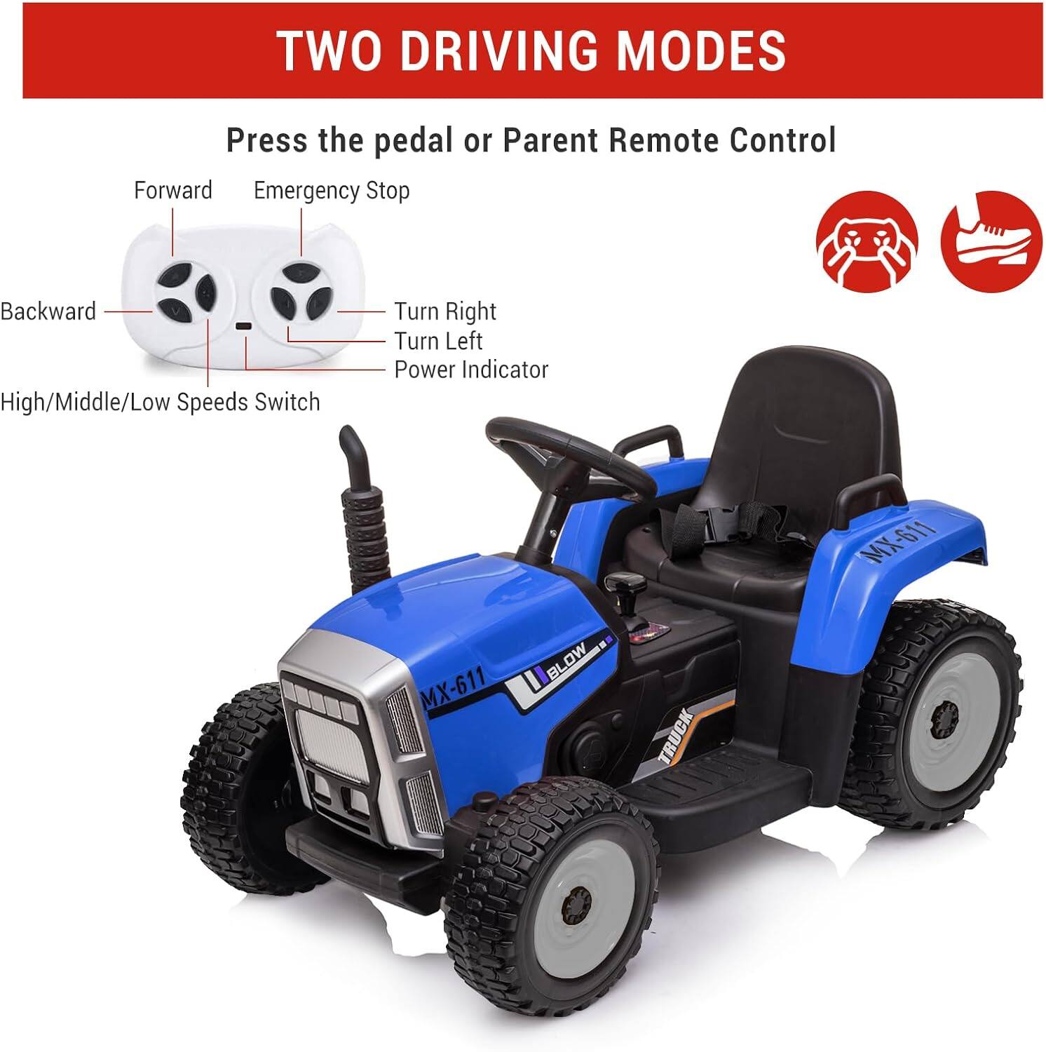 TWO DRIVING MODES

Press the pedal or Parent Remote Control

- Forward
- Emergency Stop
- Backward
- Turn Right
- Turn Left
- Power Indicator
- High/Middle/Low Speeds Switch

MX-611

BLOW TRUCK