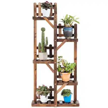 Front. Costway - 5-Tier Flower Rack Wood Plant Stand 6 Pots Display Shelf Multifunctional Rack - carbon baking.