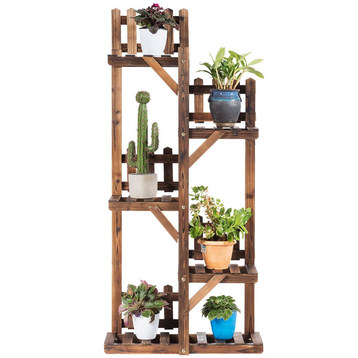 Costway - 5-Tier Flower Rack Wood Plant Stand 6 Pots Display Shelf Multifunctional Rack - carbon baking