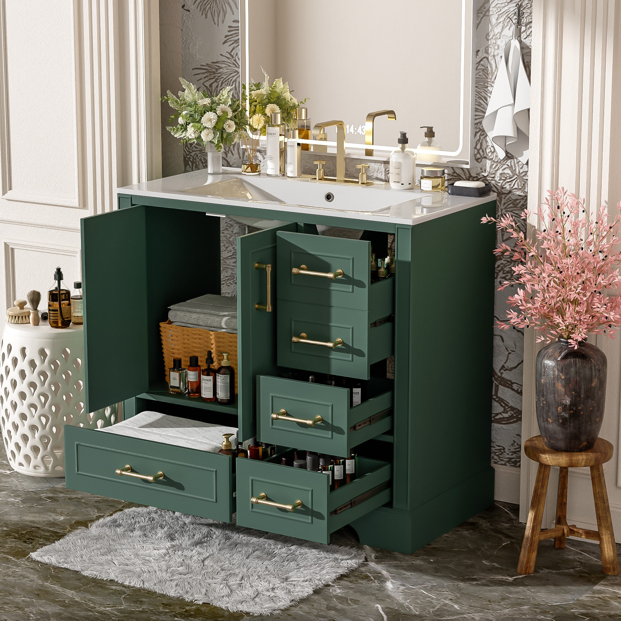 Tiramisubest - 36" Traditional Bathroom Vanity with Ceramics Sink , Bathroom Cabinet with Two Soft Close Doors and Four Drawers - Green