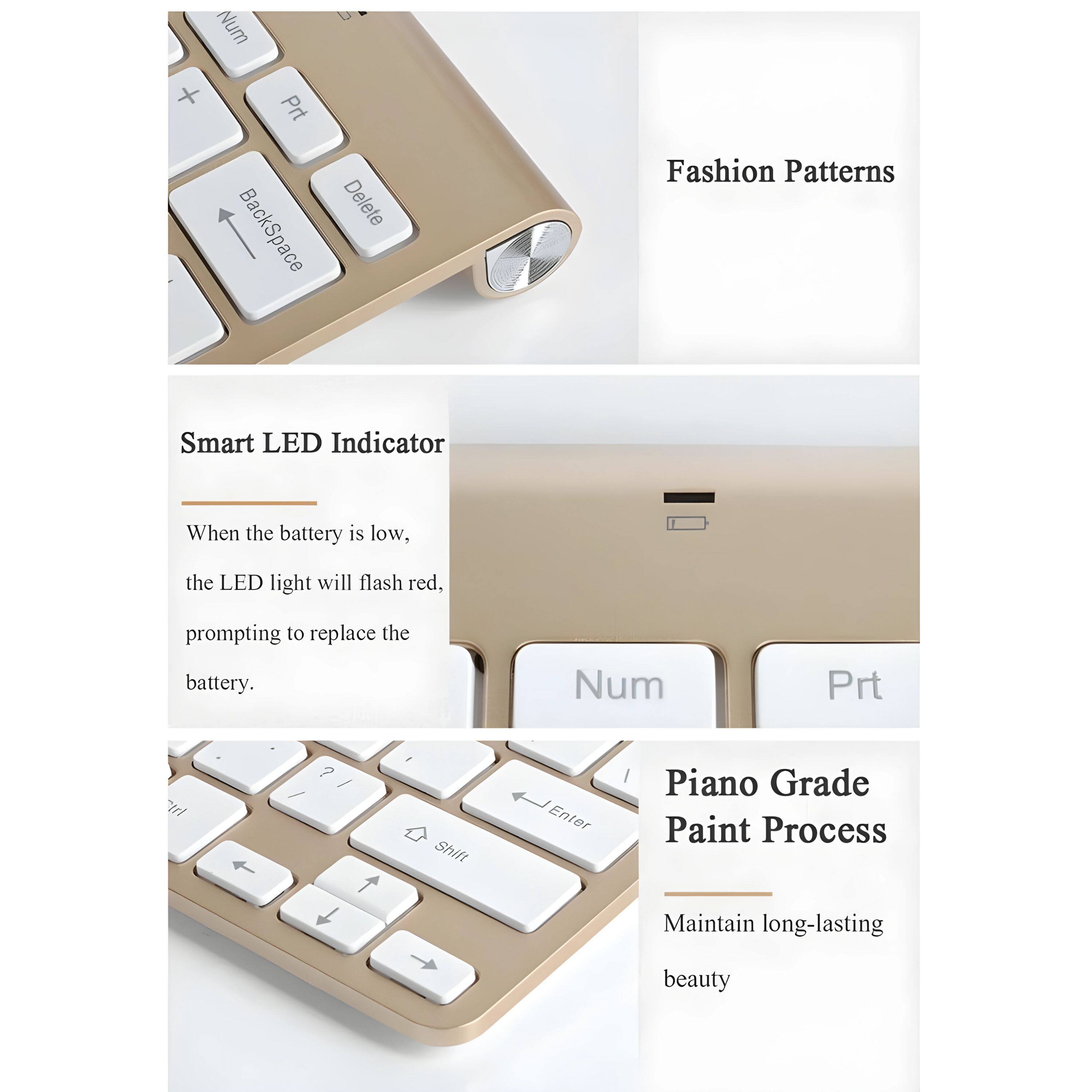 Sure, here is the corrected and grouped text:

---

**Fashion Patterns**

**Smart LED Indicator**

When the battery is low, the LED light will flash red, prompting to replace the battery.

**Piano Grade Paint Process**

Maintain long-lasting beauty

---