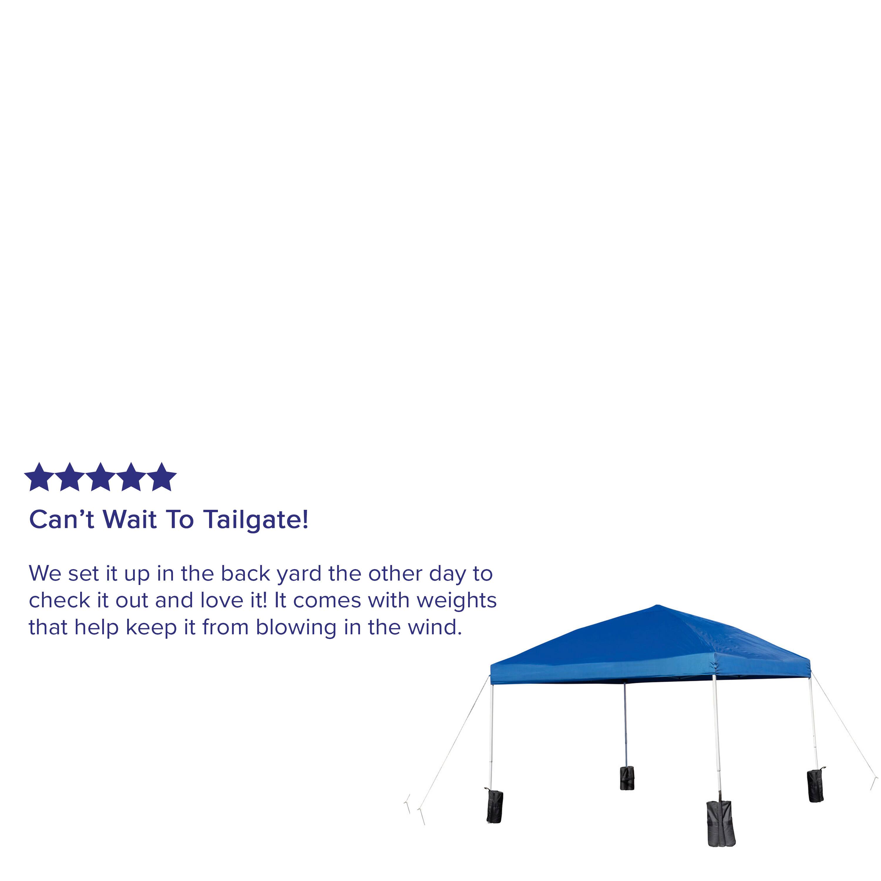 Can't Wait To Tailgate!  
We set it up in the back yard the other day to check it out and love it! It comes with weights that help keep it from blowing in the wind.