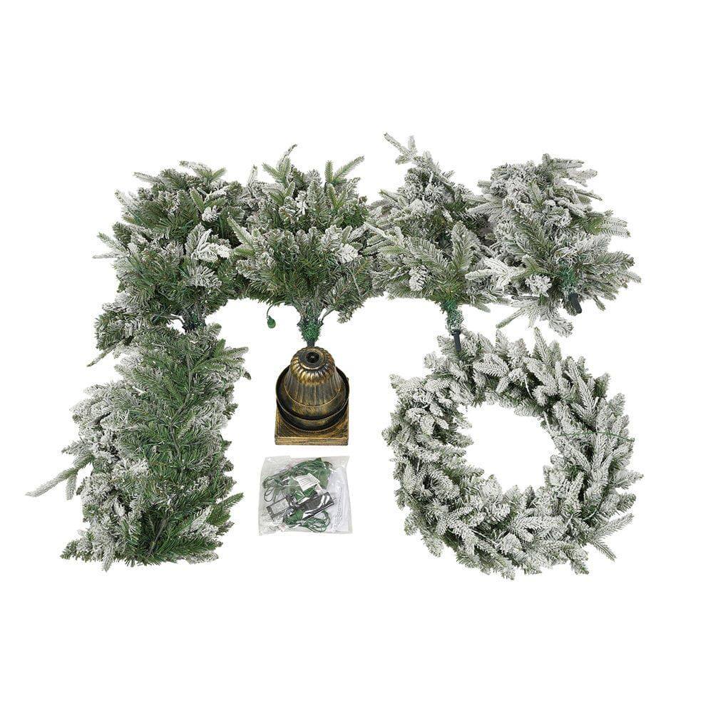 Angle. Resenkos - 4-Piece Pre-Lit Christmas Decor Set, Includes Garland, Wreath and 2 Entry Trees with LED Lights, Green - Green.