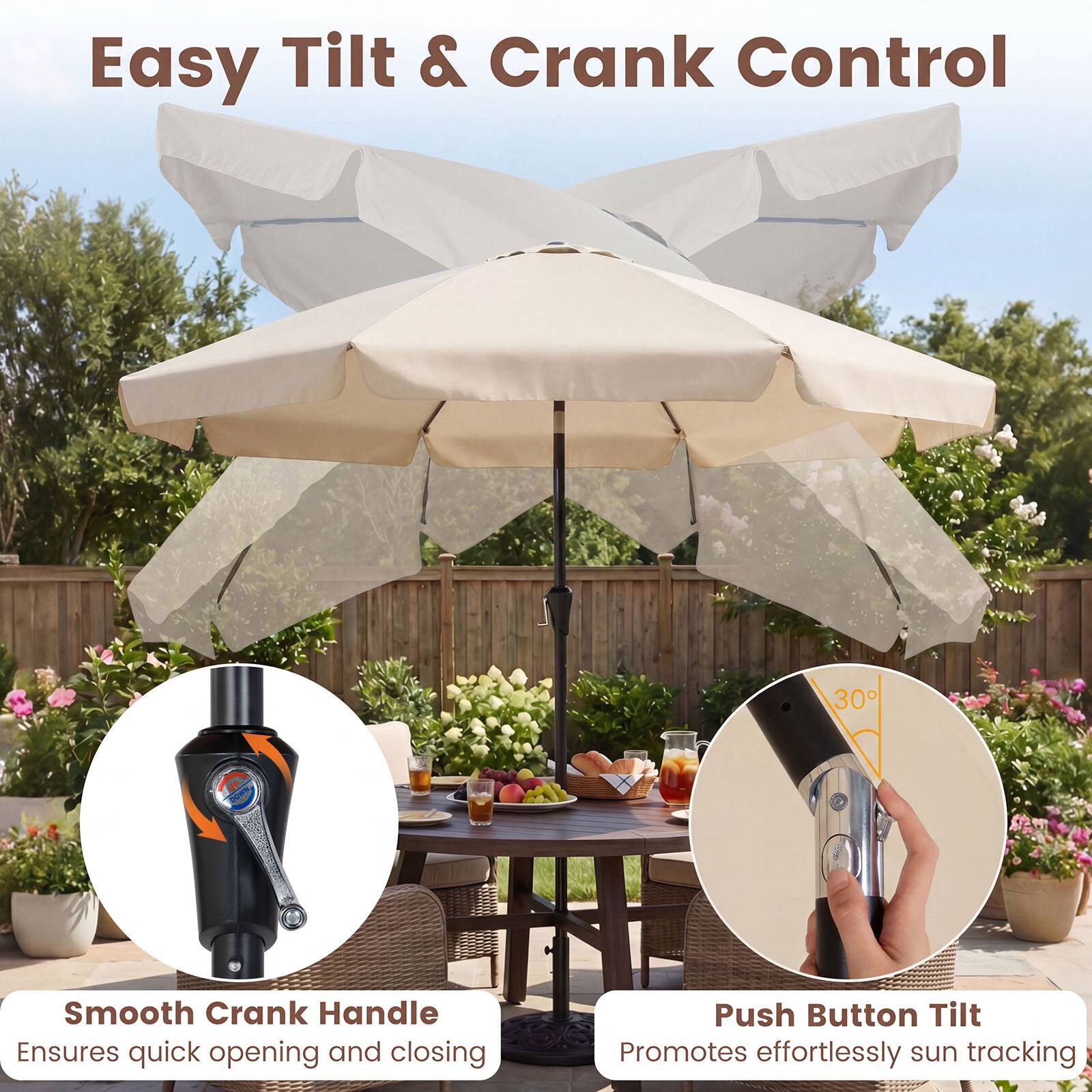 Easy Tilt & Crank Control

Smooth Crank Handle
Ensures quick opening and closing

Push Button Tilt
Promotes effortlessly sun tracking