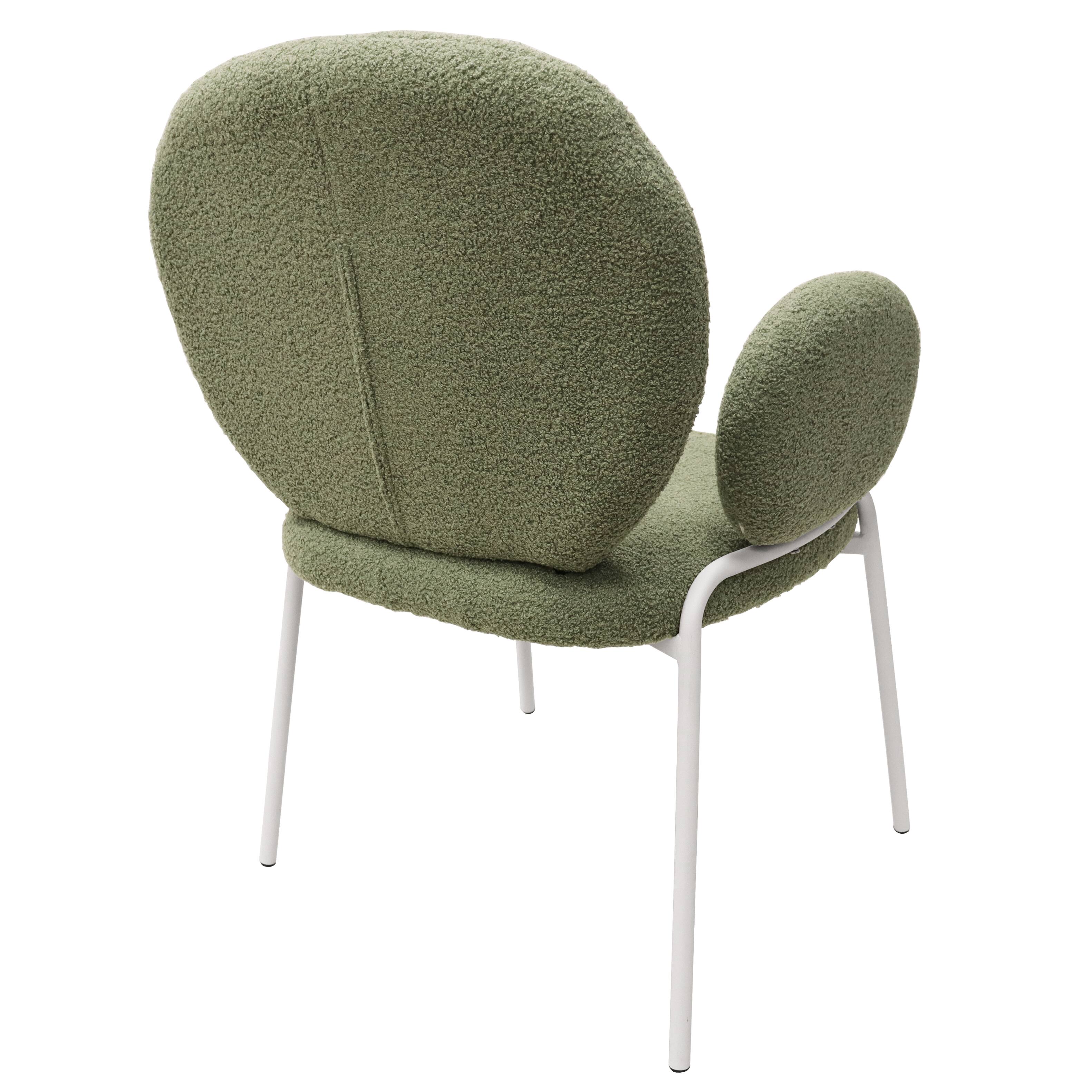 Alt View 2. LeisureMod - Celestial Modern Boucle Dining Chair with Arms, Textured Fabric Upholstered Armchair - White Metal Frame Kitchen Chair - Green.