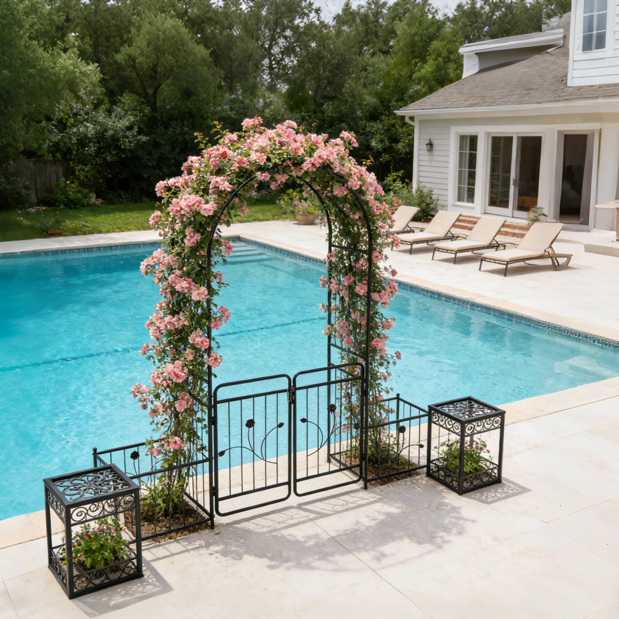 Alt View 2. Loheer - Metal Garden Arch with Gate for Climbing Plants Outdoor Rose Arch Trellis - Black.