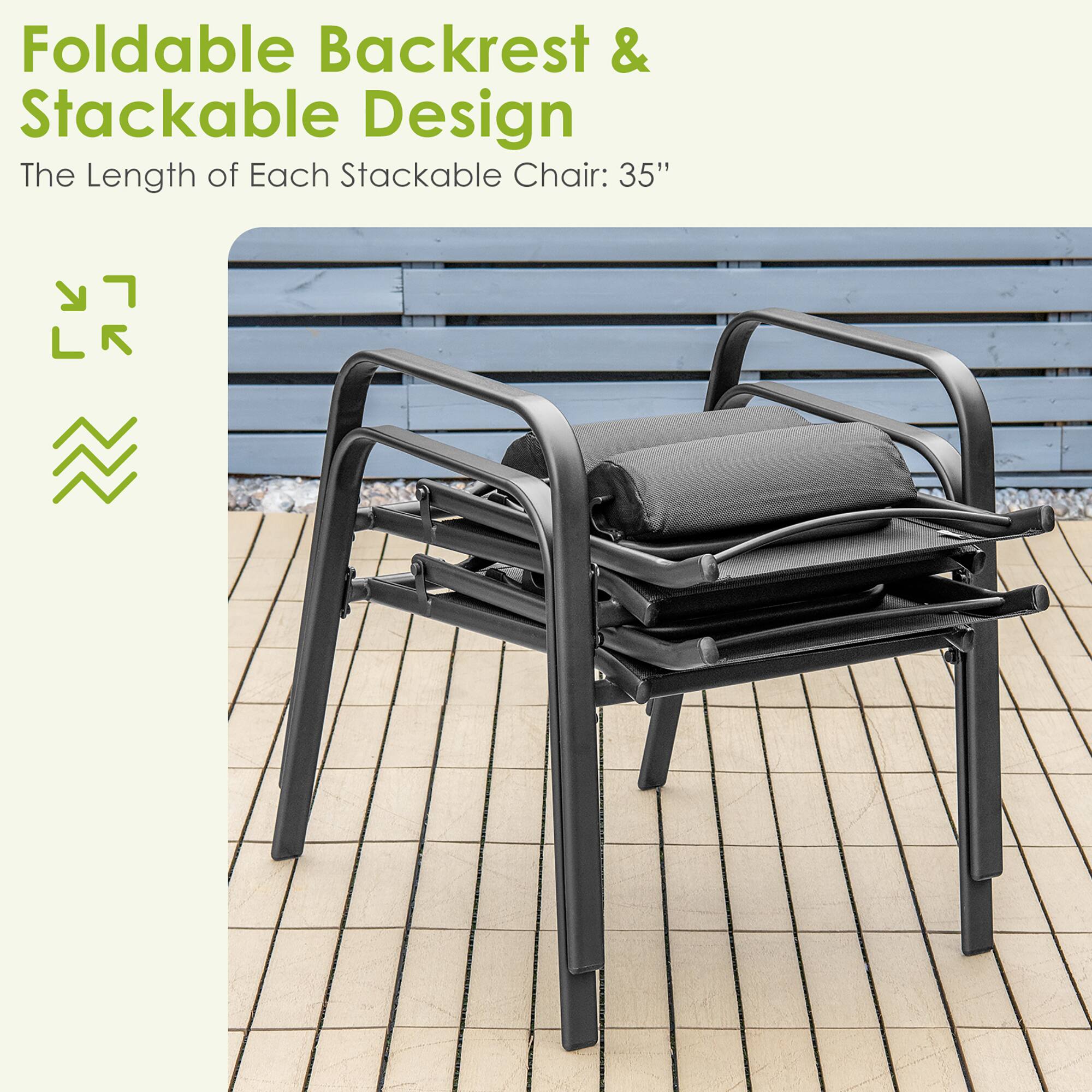 Foldable Backrest & Stackable Design
The Length of Each Stackable Chair: 35"