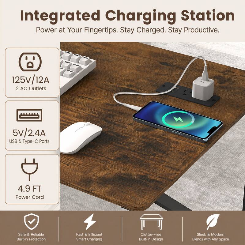 Integrated Charging Station  
Power at Your Fingertips. Stay Charged, Stay Productive.  

- 125V/12A  
- 2 AC Outlets  
- 5V/2.4A USB & Type-C Ports  
- 4.9 FT Power Cord  

Safe & Reliable Built-in Protection  
Fast & Efficient Smart Charging  
Clutter-Free Built-In Design  
Sleek & Modern Blends with Any Space
