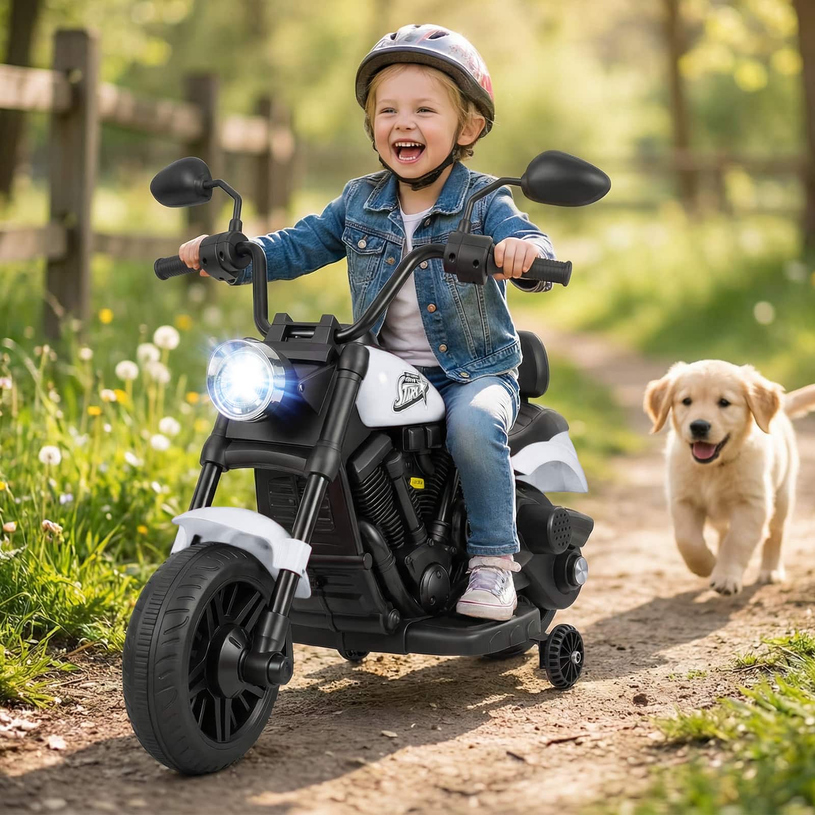 Gymax - Kids Motorcycle w/Headlight Music Training Wheels Foot Pedal for Boys Girls - White