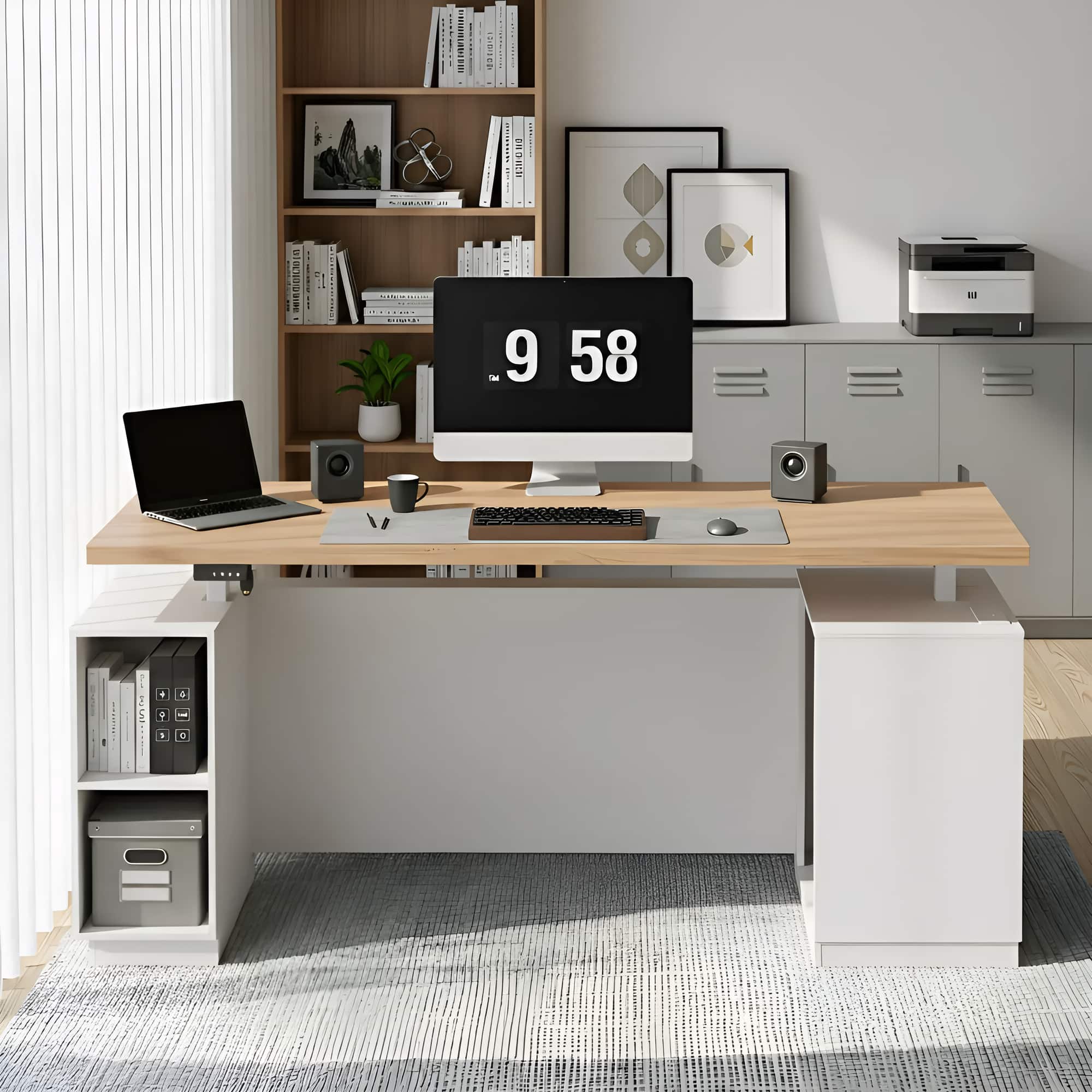 ModernMate - 71" Standing Executive Desk with Privacy Panel, Charging Station, File Cabinet Storage - Light Walnut