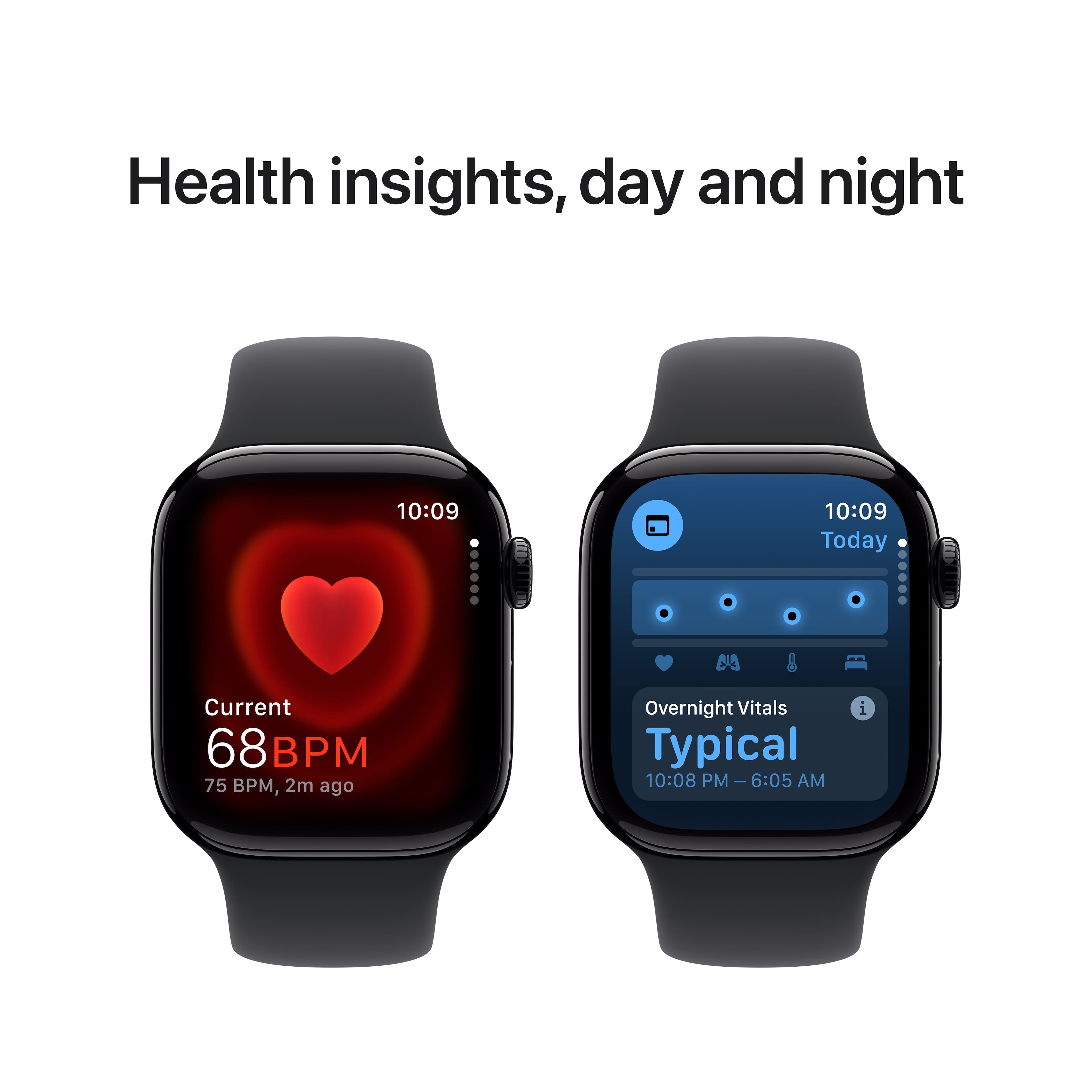Health insights, day and night:
1. Current: 68 BPM
2. 75 BPM, 2m ago
3. 10:09 Today
4. Overnight Vitals: 5
5. Typical: 10:08 PM - 6:05 AM