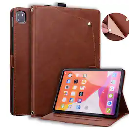 Dteck - Case For iPad Air 11'' (2026/2025/2024) and iPad Pro 11 4th/3rd/2nd/1st Leather Folio Adjustable Stand Card Slots Cover - Brown