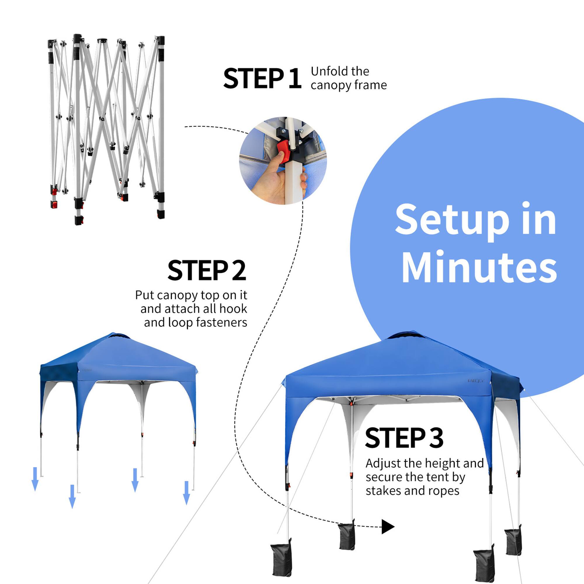 Unfold the canopy frame (Step 1). Put the canopy top on it and attach all hook and loop fasteners (Step 2). Adjust the height and secure the tent by stakes and ropes (Step 3). Setup in Minutes.