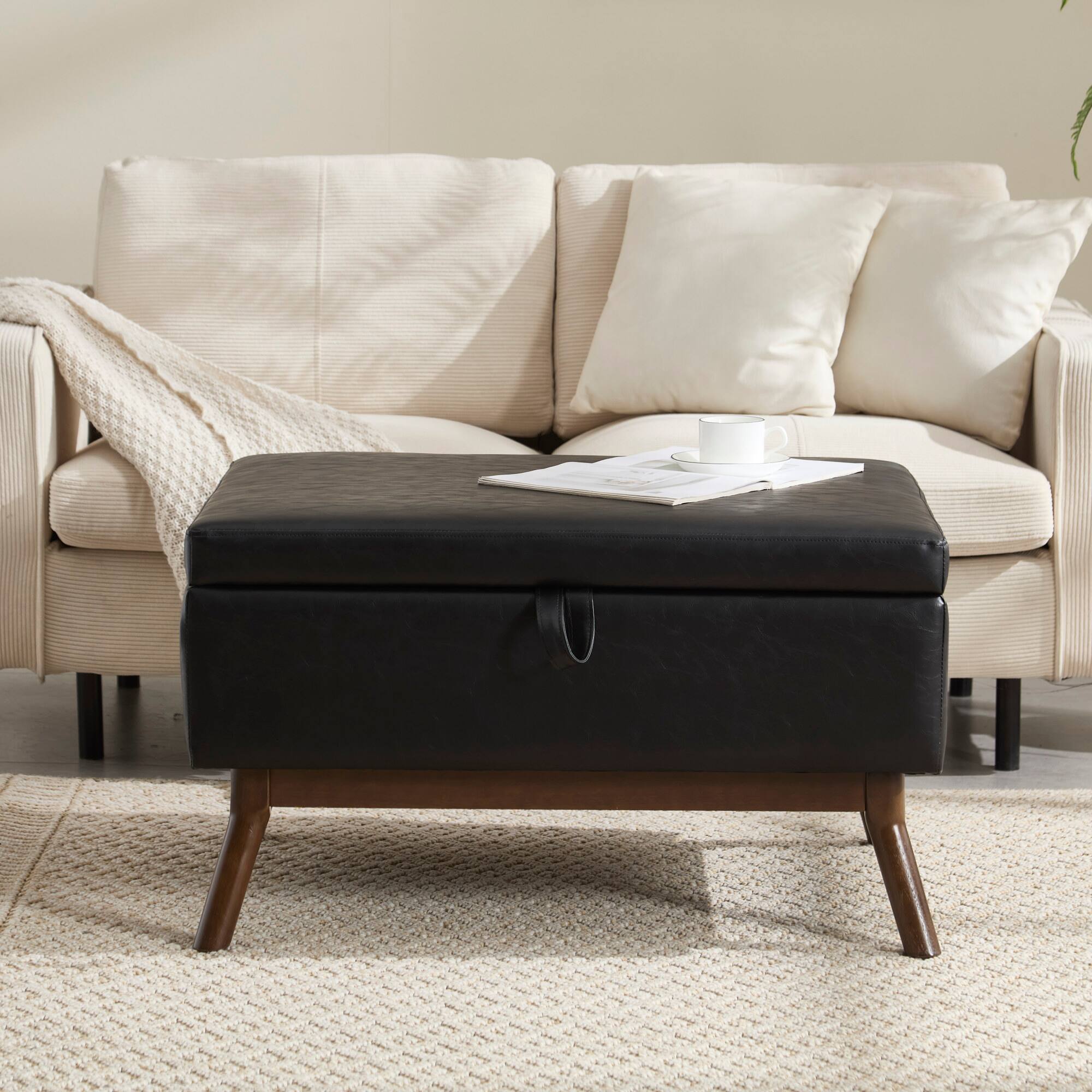 Alt View 8. GOODSILO - Mid-Century Modern Square Storage Ottoman Bench with Lift-Top Lid and Child Safety Hinge - Black PU.