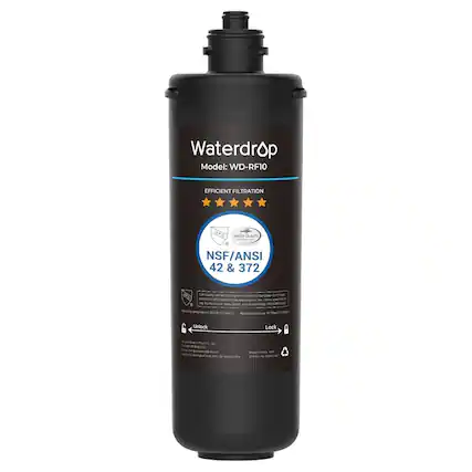 Waterdrop
Model: WD-RF10
EFFICIENT FILTRATION
NSF/ANSI 42 & 372
Unlock
Lock
Made in China
Waterdrop Filter Co., Ltd
1000 Shangyin Road, Zhejiang, China
www.waterdropfilter.com
Working temperature: 32°F (0°C) to 104°F (40°C)
Working pressure: 0.5-100 PSI (3.5-6.9 bar)
NSF/ANSI 42: Reduces aesthetic/physical contaminants, taste and odor
NSF/ANSI 372: Lead-free certified
Waterdrop Filter Co., Ltd
1000 Shangyin Road, Zhejiang, China
www.waterdropfilter.com
Made in China
Working temperature: 32°F (0°C) to 104°F (40°C)
Working pressure: 0.5-100 PSI (3.5-6.9 bar)
NSF/ANSI 42: Reduces aesthetic/physical contaminants, taste and odor
NSF/ANSI 372: Lead-free certified