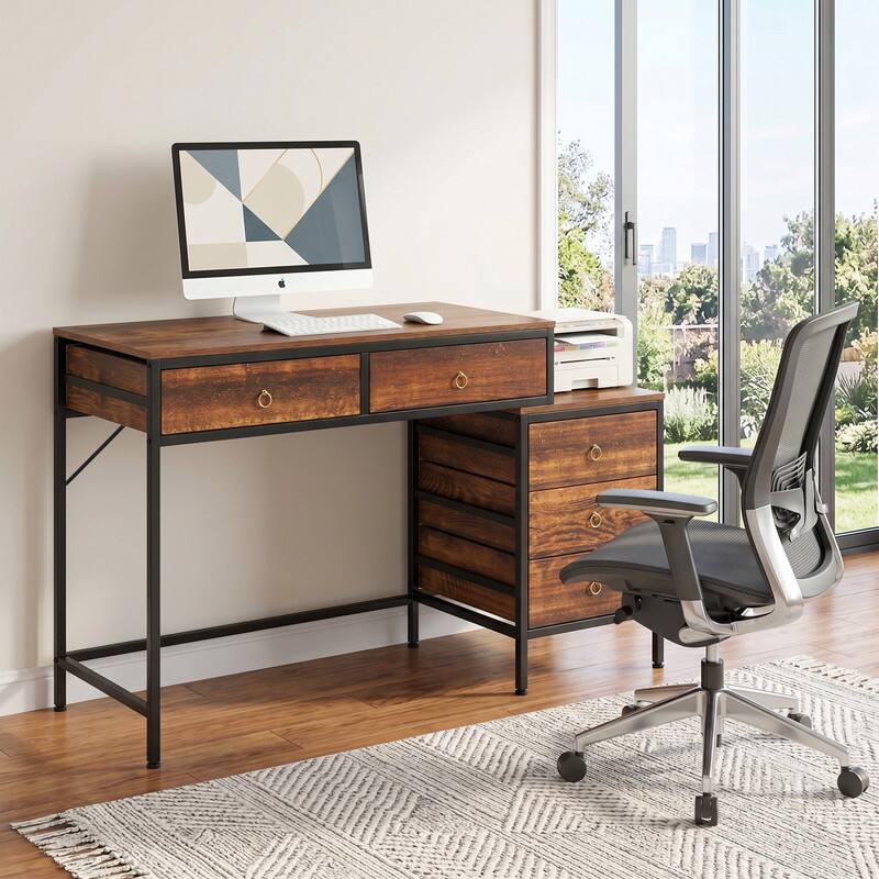 Angle. WELLFOR - 51" Computer Desk with 5 Drawers & Printer Stand, Writing Desk for Home Office - Rustic Brown.