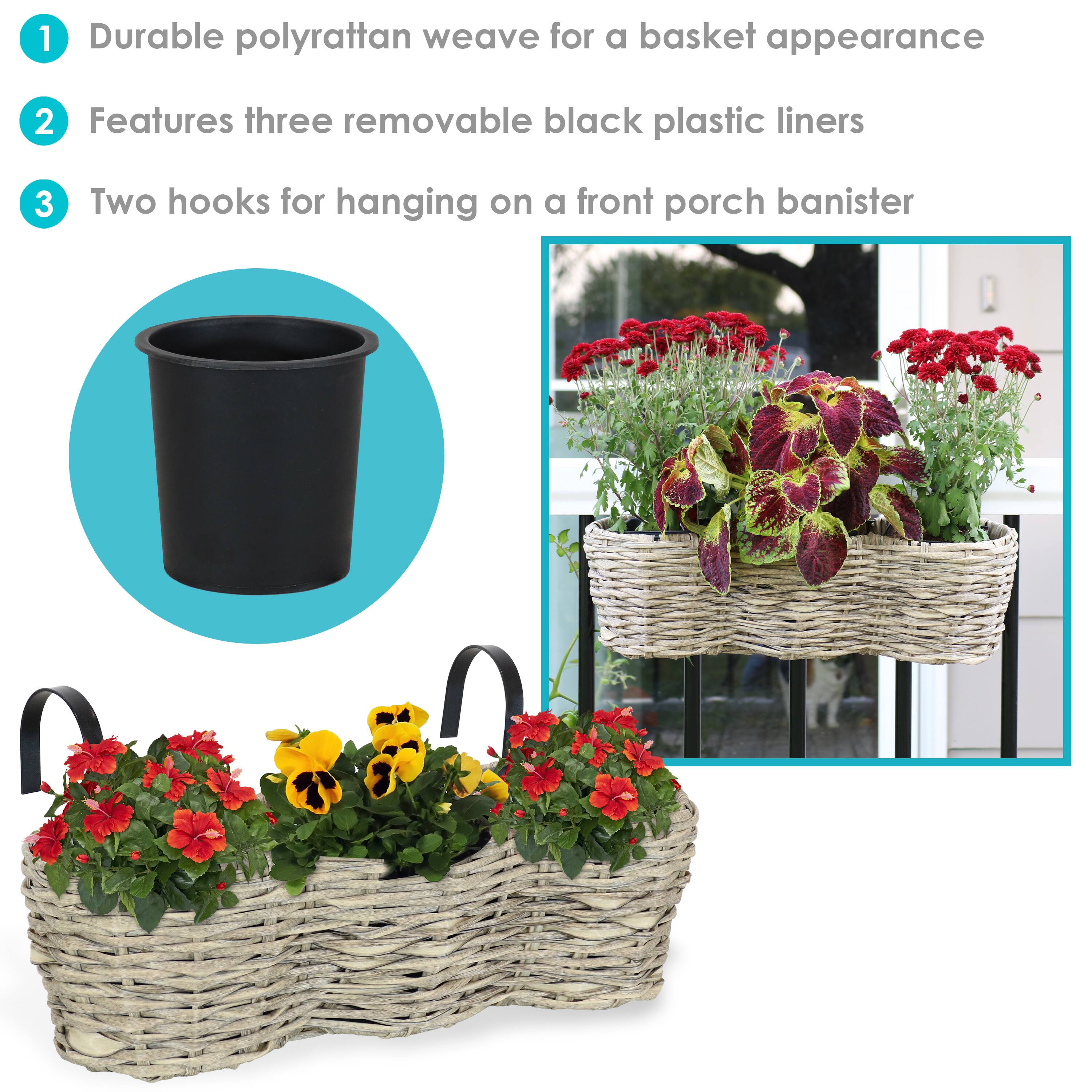1. Durable polyrattan weave for a basket appearance  
2. Features three removable black plastic liners  
3. Two hooks for hanging on a front porch banister