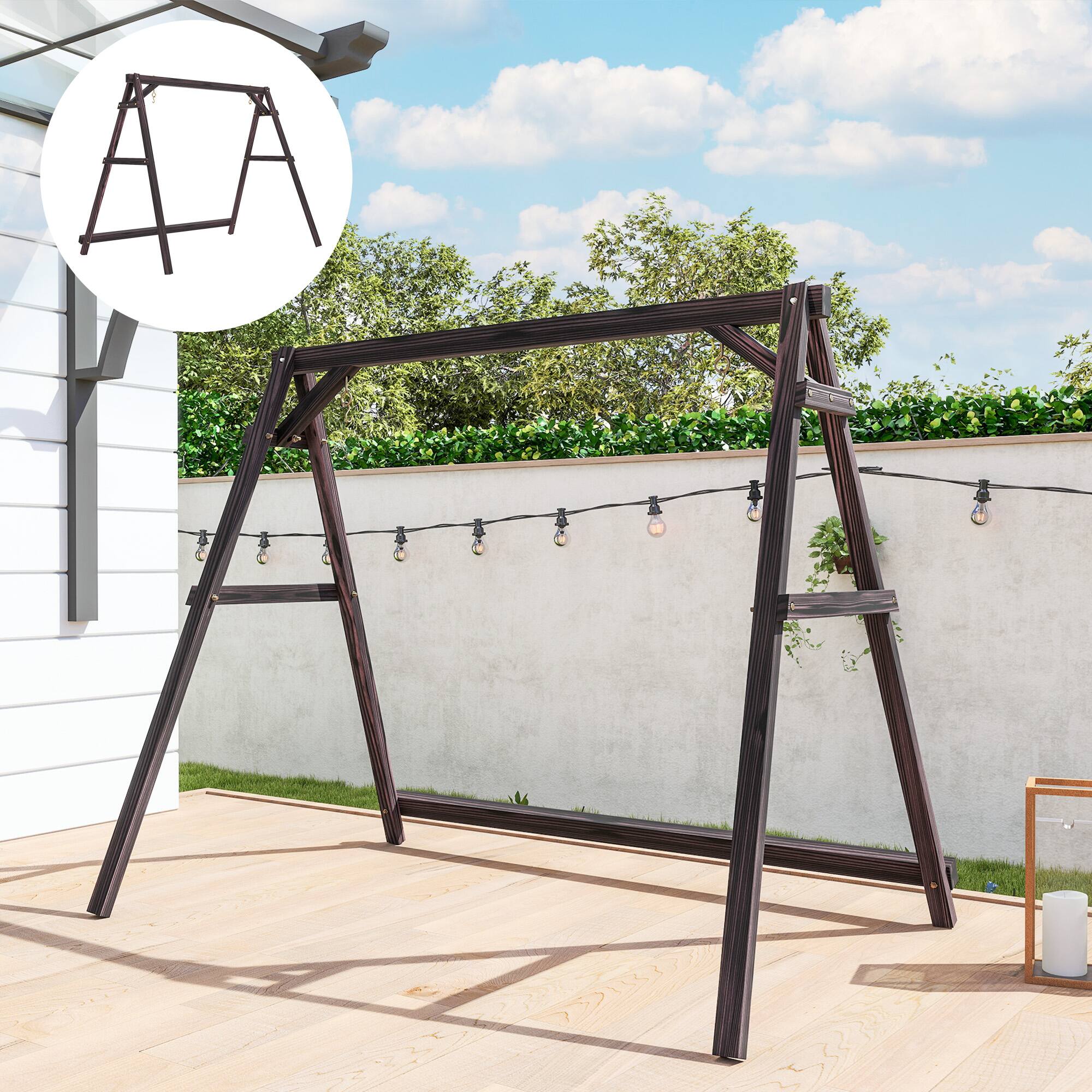 Alt View 8. Outsunny - Porch Swing Frame, Heavy Duty A-Frame Wooden Swing Stand with Reinforced Bars.