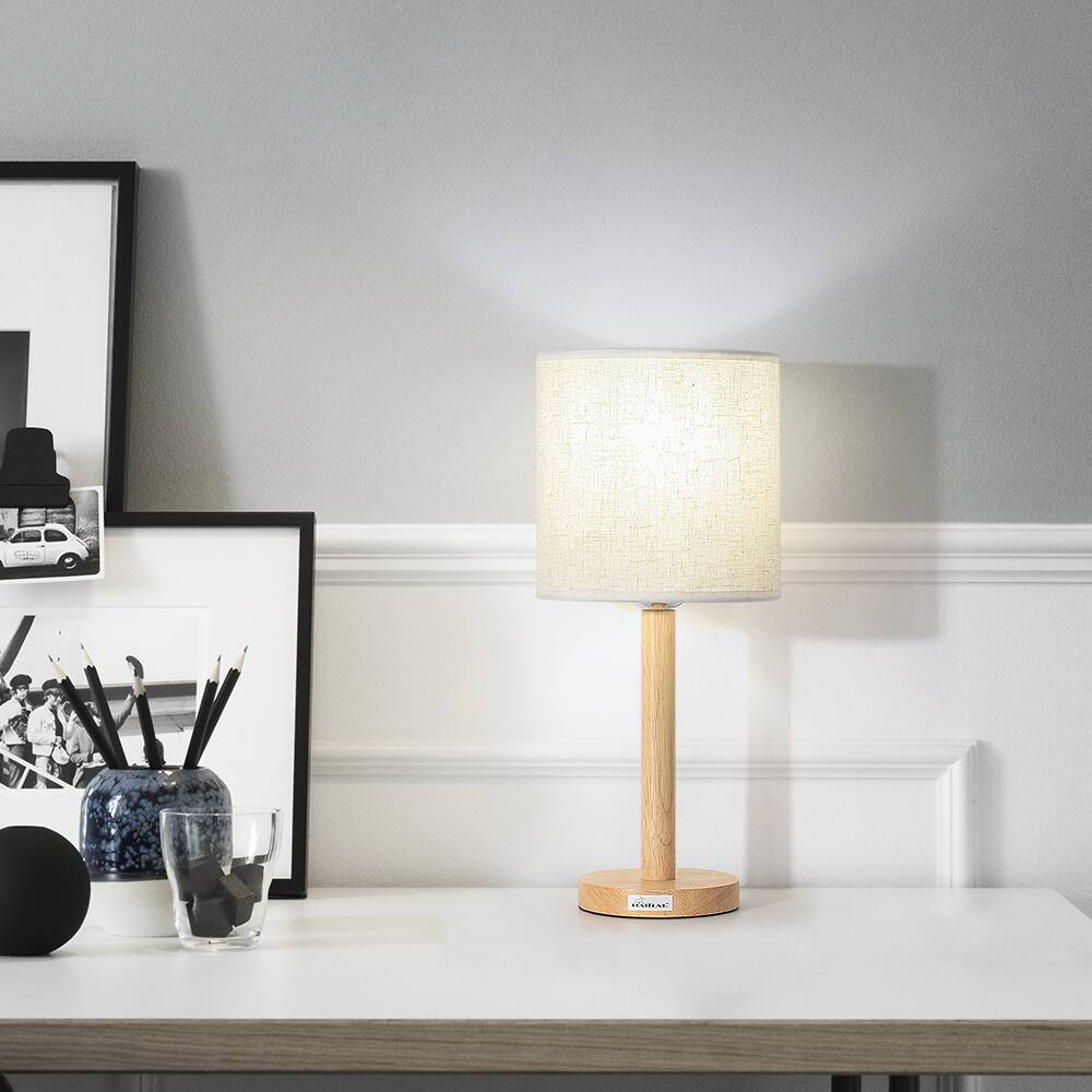Alt View 2. Oumilen - Natural Wood Table Lamp with Linen Shade, E26 Socket, 16.3in Tall Bedside Lamp for Bedroom Living Room.