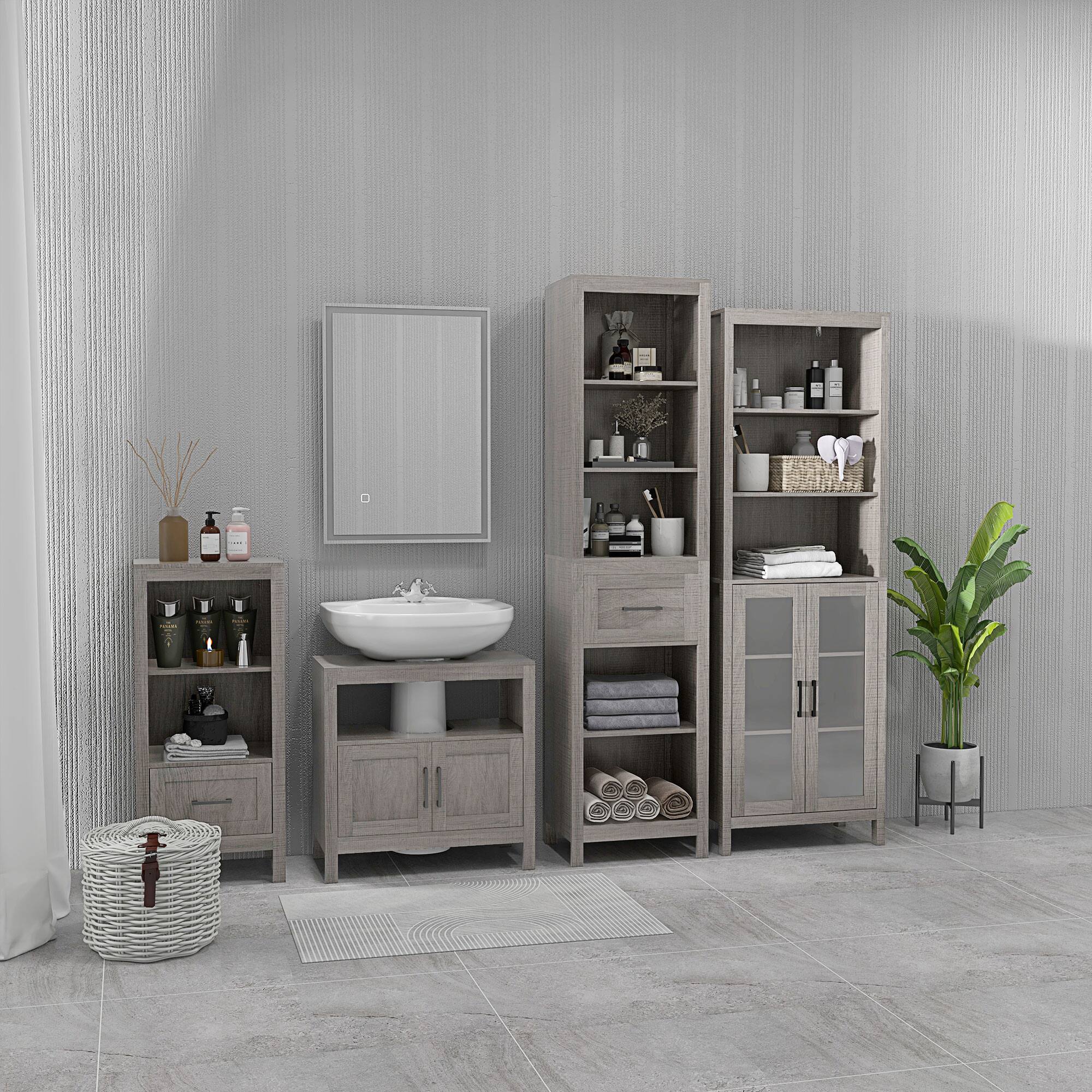 Alt View 7. Kleankin - Pedestal Sink Storage Cabinet, Bathroom Under Sink Cabinet with 2 Doors and Open Shelf, Bathroom Vanity - Gray.