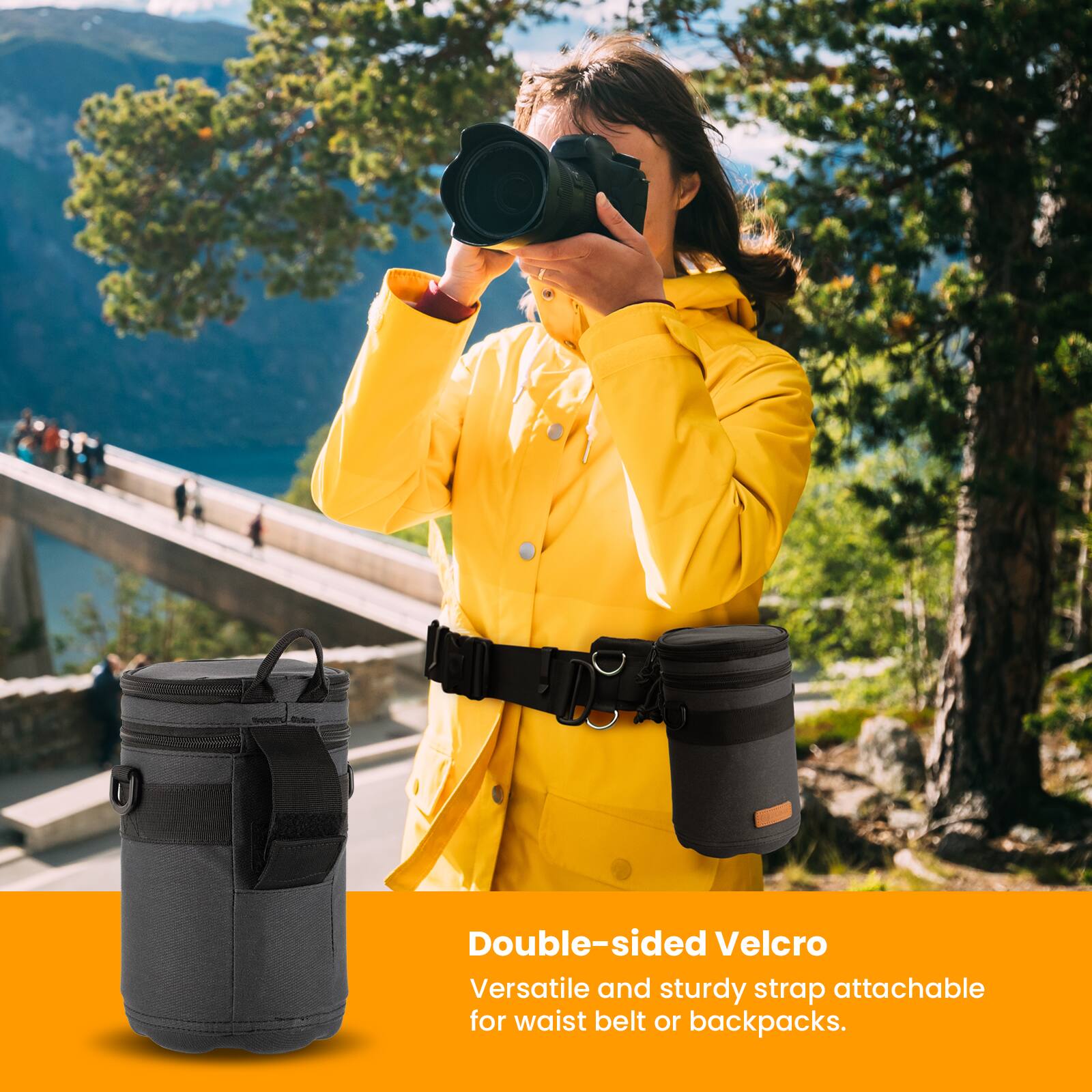 Double-sided Velcro  
Versatile and sturdy strap attachable for waist belt or backpacks.