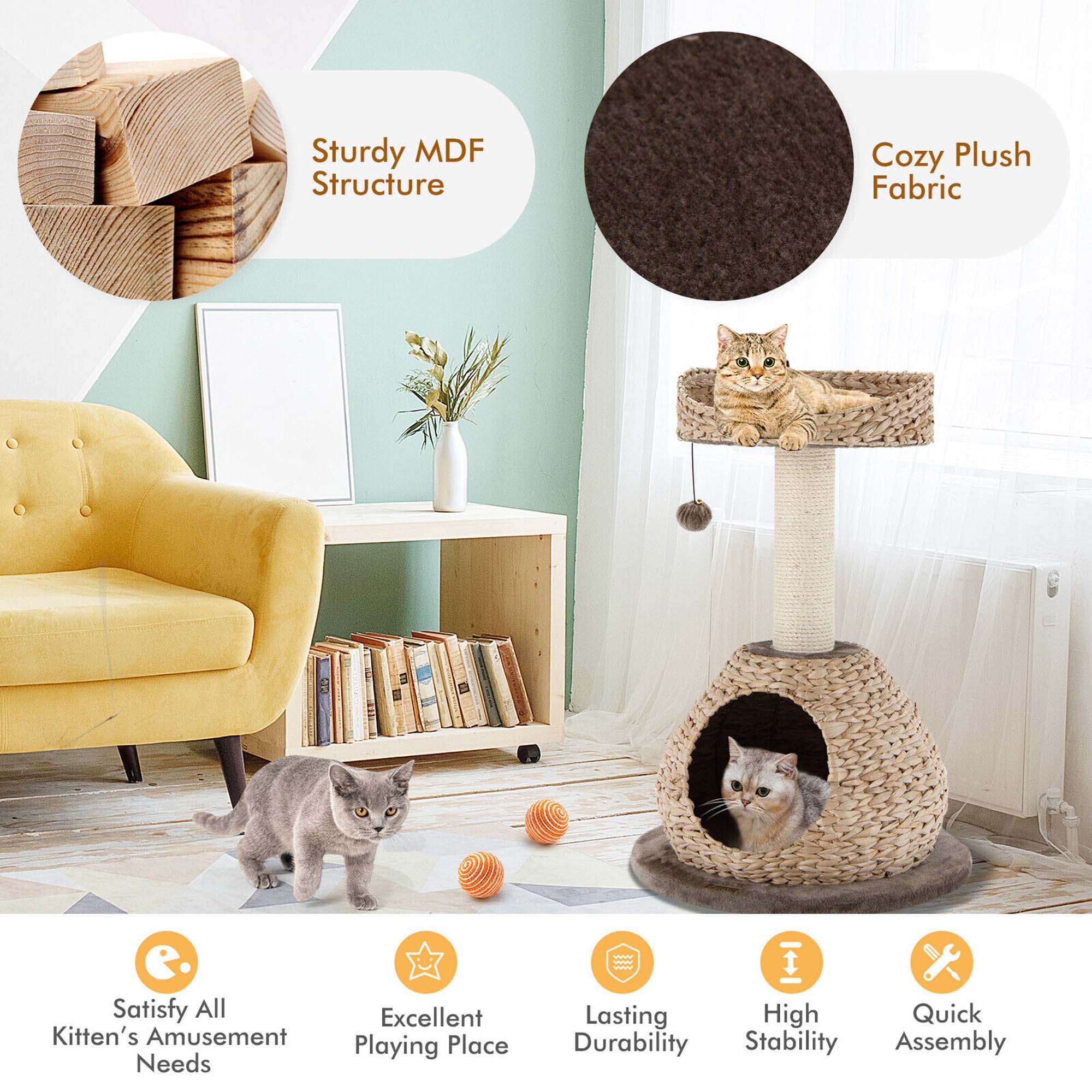 Sturdy MDF Structure, Cozy Plush Fabric, Satisfy All Kitten's Amusement Needs, Excellent Playing Place, Lasting Durability, High Stability, Quick Assembly