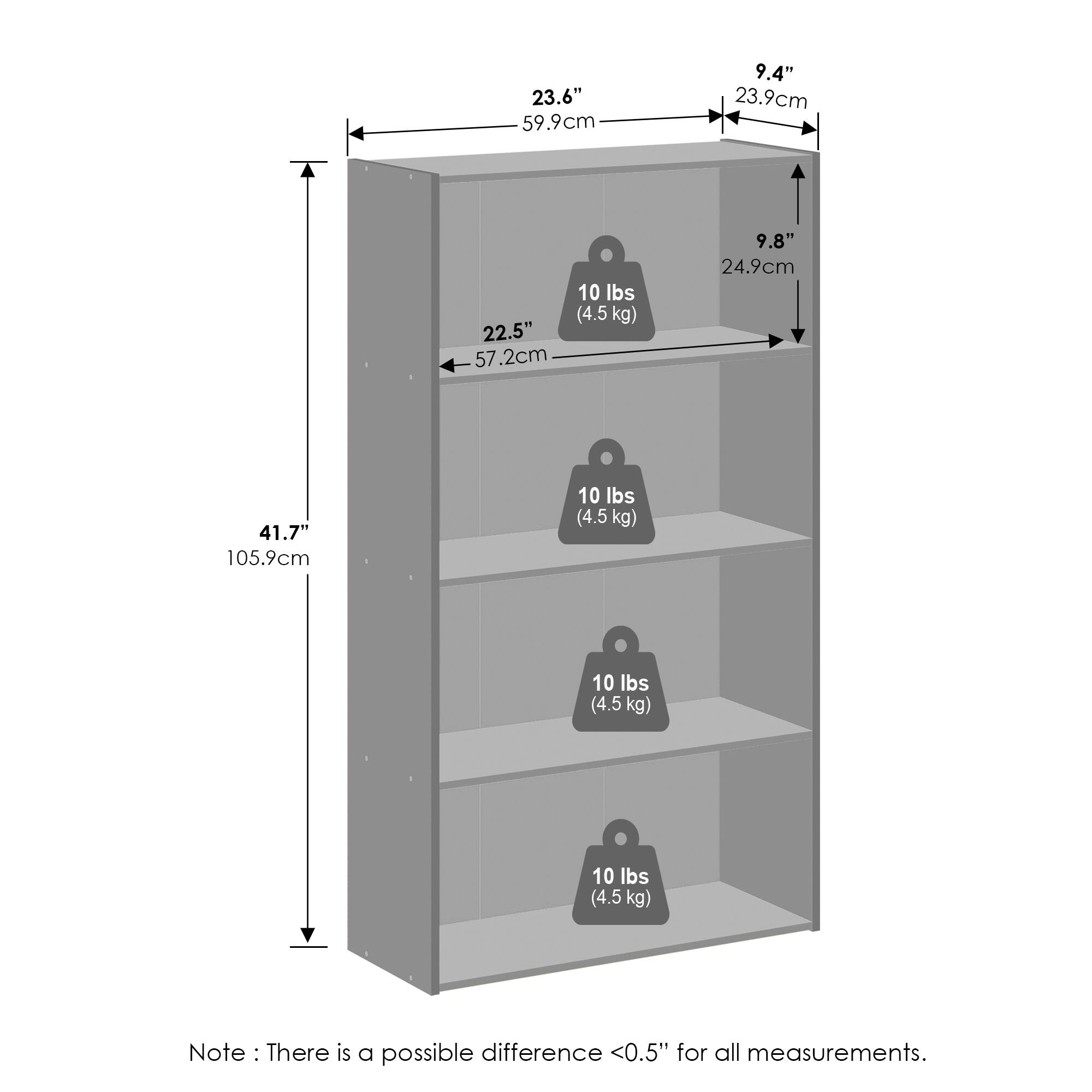 23.6" (59.9cm)  
9.4" (23.9cm)  
22.5" (57.2cm)  
9.8" (24.9cm)  
41.7" (105.9cm)  
10 lbs (4.5 kg)  
10 lbs (4.5 kg)  
10 lbs (4.5 kg)  
10 lbs (4.5 kg)  

Note: There is a possible difference <0.5" for all measurements.