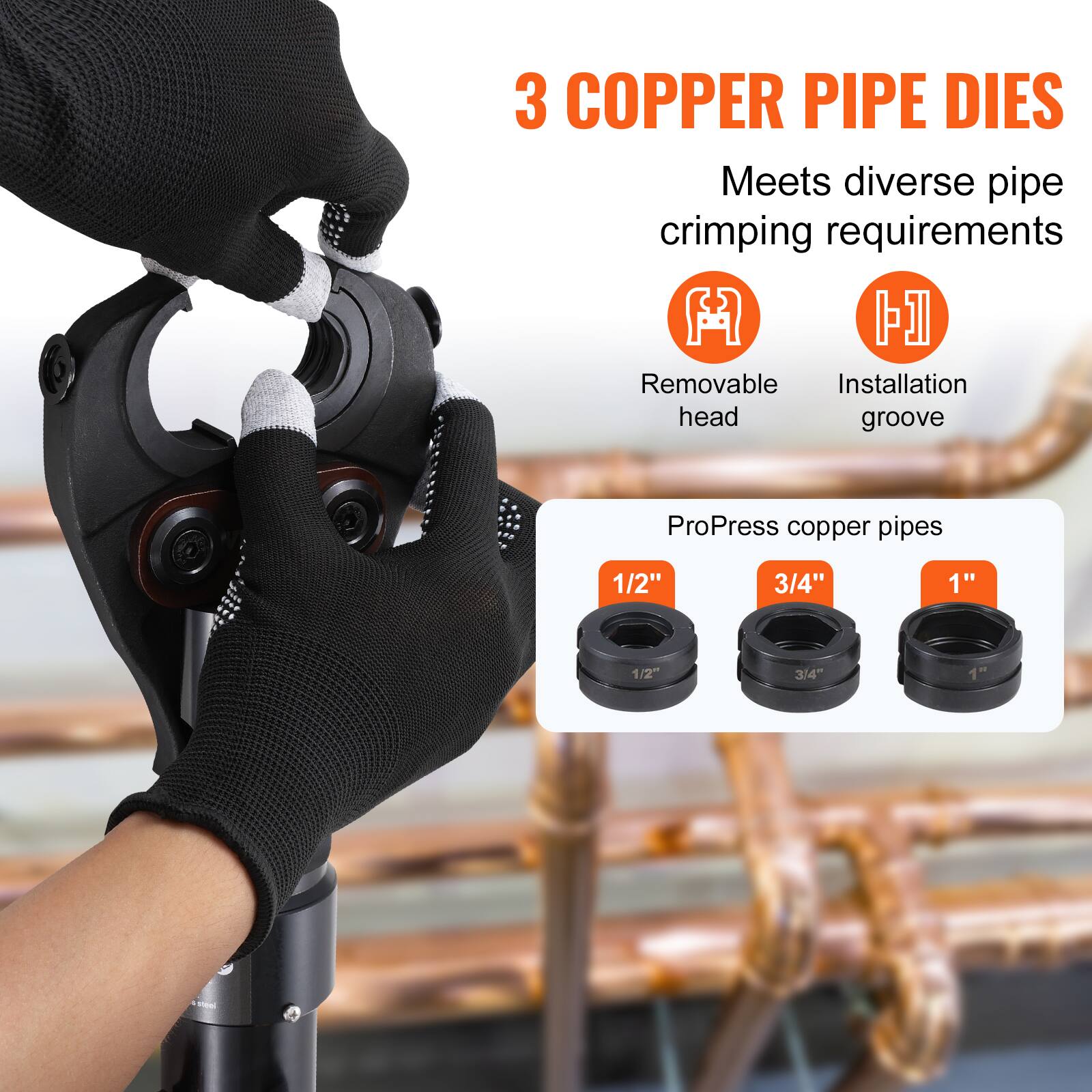 3 COPPER PIPE DIES  
Meets diverse pipe crimping requirements  

- Removable head  
- Installation groove  

ProPress copper pipes  
1/2"  
3/4"  
1"