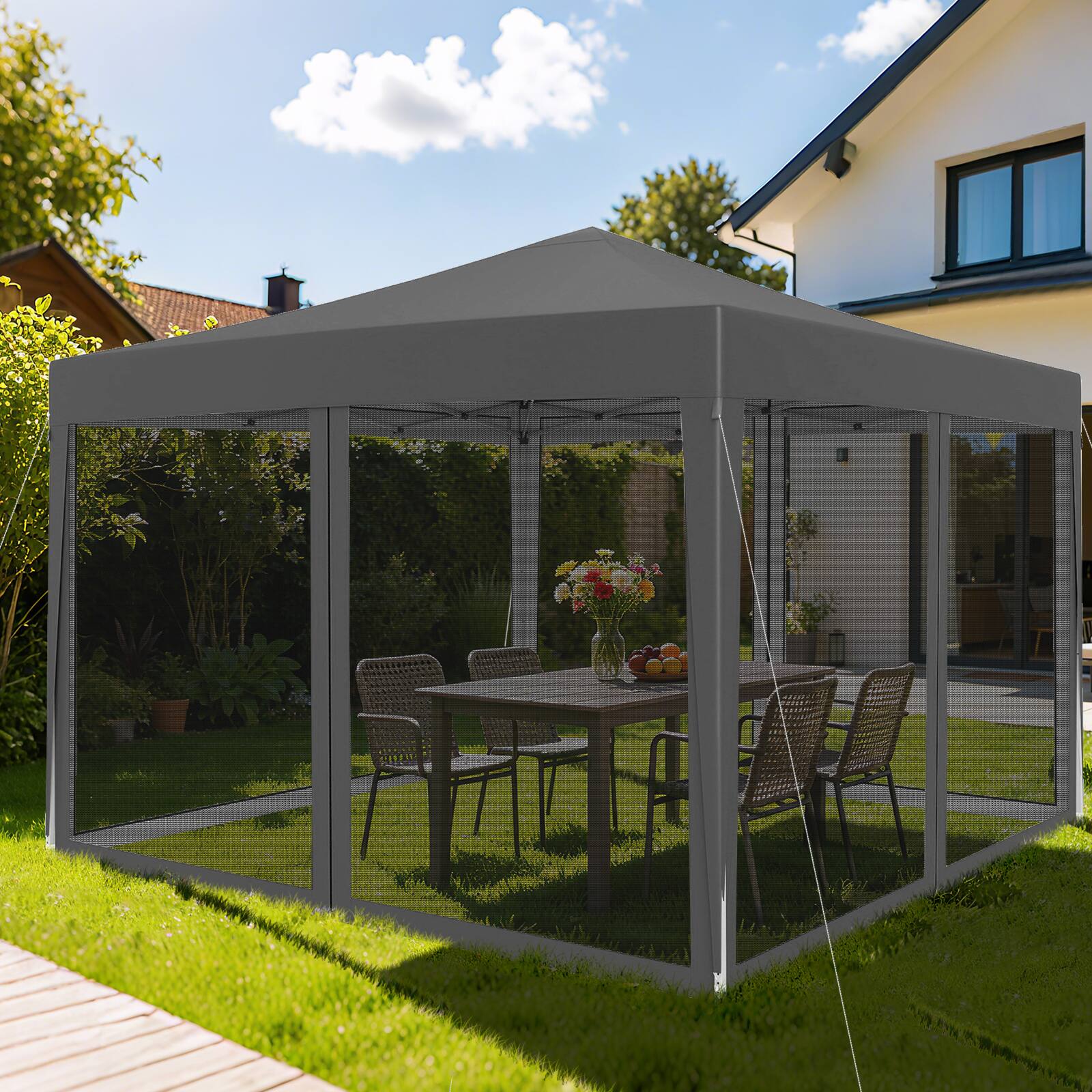 Alt View 2. Costway - Costway 10 FT x 10 FT Pop-Up Canopy Tent with Mesh Netting, Carry Bag, 8 Stakes & 4 Ropes - Gray.