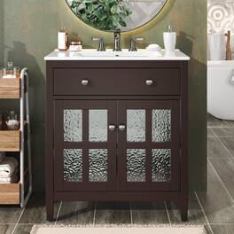 Boyel Living - 30 Inch Bathroom Vanity with Ceramic Sink Adjustable Shelf Tip Out Tray Solid Wood Legs Dark Brown - DarkBrown