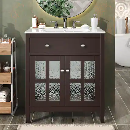 Front. Boyel Living - 30 Inch Bathroom Vanity with Ceramic Sink Adjustable Shelf Tip Out Tray Solid Wood Legs Dark Brown - DarkBrown.