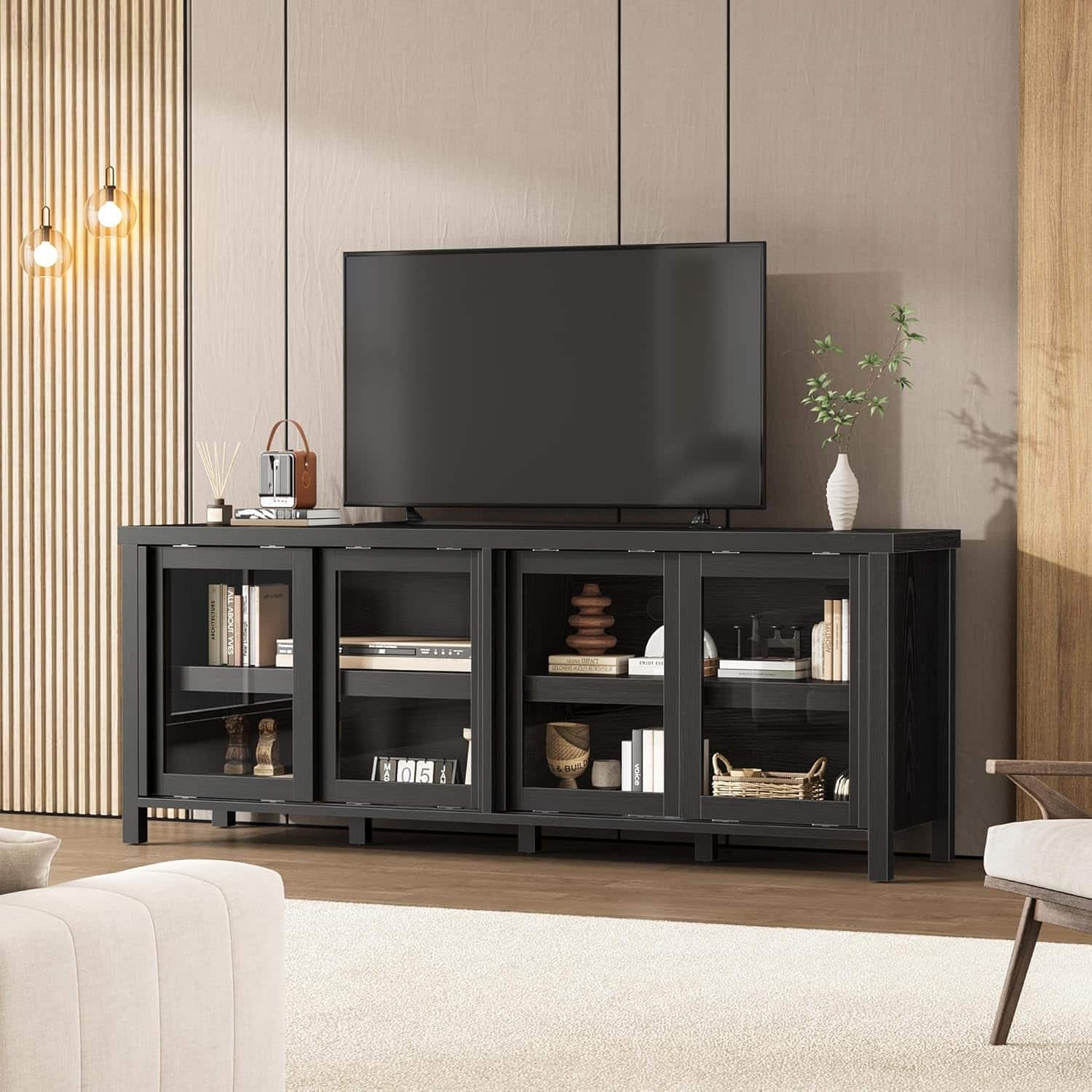 Acekool - Sliding Glass TV Stand for 65" TVs, Mid-Century Entertainment Center with Storage Cabinet, Black - ‎Black