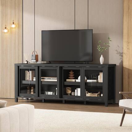 Front. Acekool - Sliding Glass TV Stand for 65" TVs, Mid-Century Entertainment Center with Storage Cabinet, Black - Black.